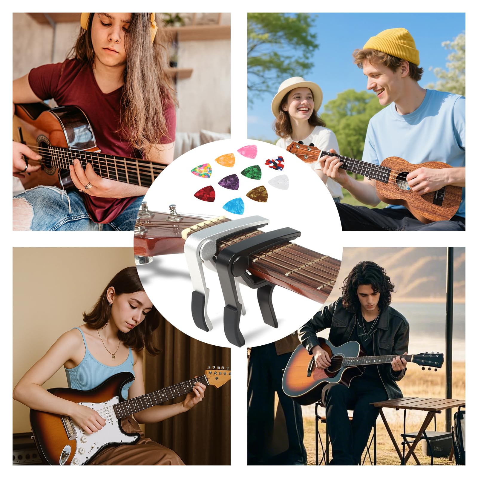 Lot de 2 capodastres de guitare + 10 médiators pour guitare acoustique/guitare électrique/ukulélé - Capodastre en métal noir et argenté - Fermeture rapide