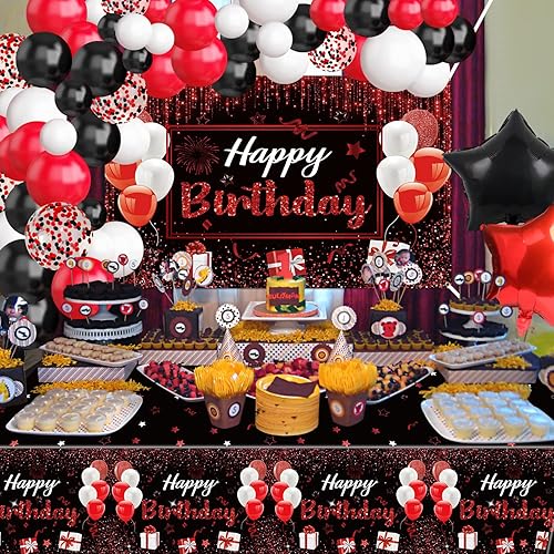 Miniatura 8 de Suministros de fiesta de cumpleaños negro y rojo, incluye telón de fondo de feliz cumpleaños, mantel, kit de guirnalda de globos de cumpleaños de 64