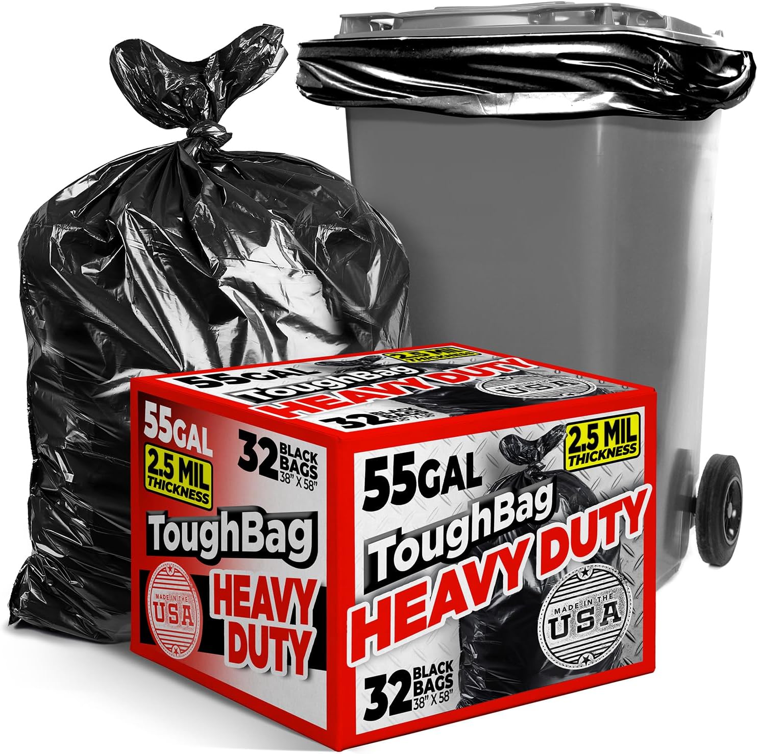 - ToughBag 55 Gallon Trash Bags (32 Count) Heavy Duty Trash Bags, Black Garbage Bags, 2.5 Mil - Made in USA