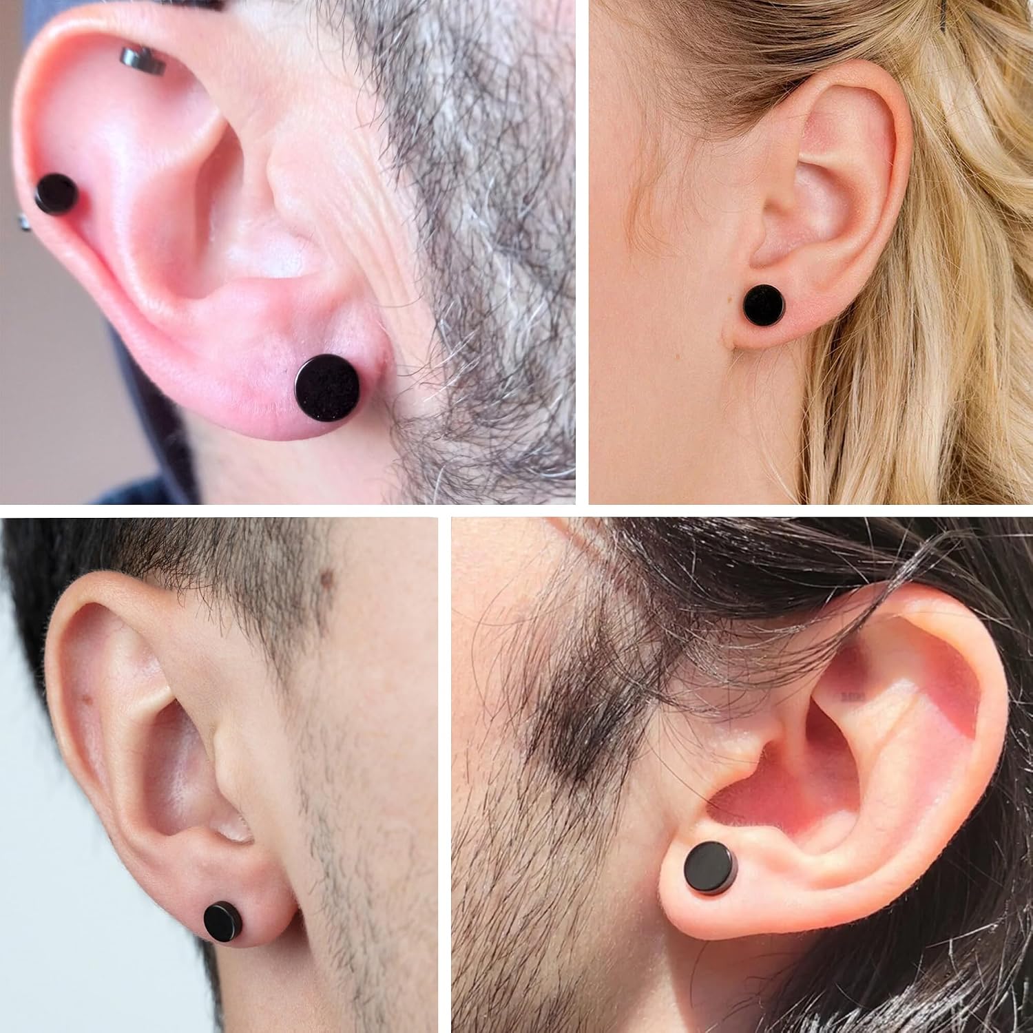 Hypoallergenic Black Stud Earrings for Men Women: 6 Pairs Flat Back Stainless Steel Cartilage Piercing Ear Tunnel 5mm-10mm