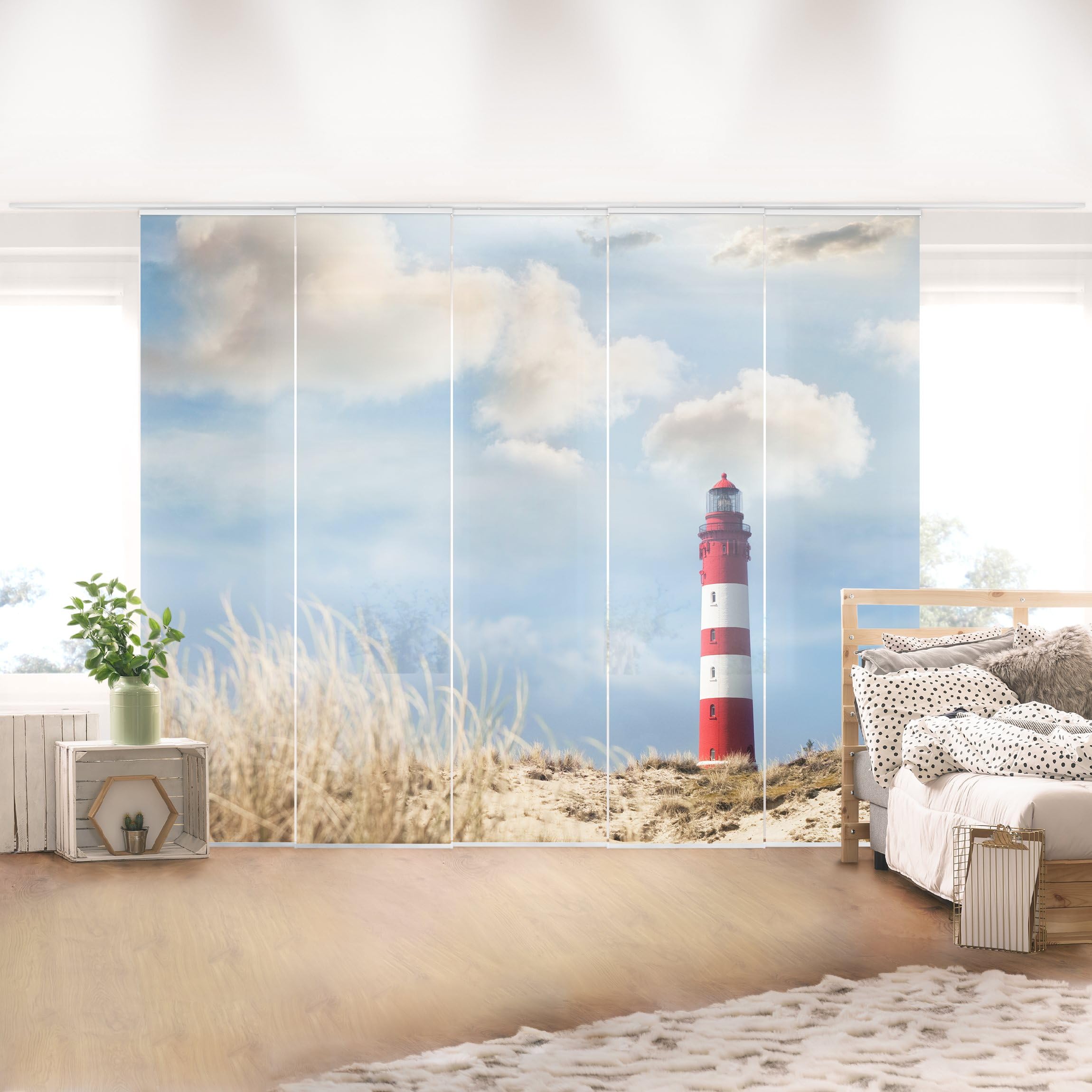 Schiebegardine halbtransparent 60er Paneel Klett Strand Textil lichtdurchlässig - Düne Modern Flächenvorhang blau Wohnzimmer Schlafzimmer 1408 (300x250 cm - 5er Set)