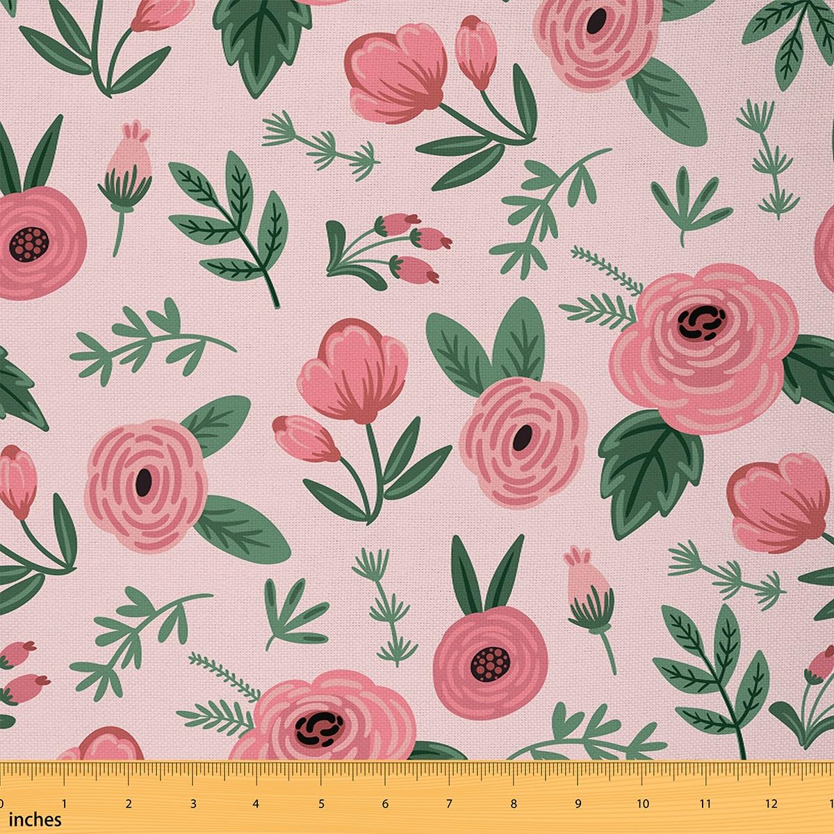Watercolor Pink Flowers Fabric by The Yard,Botanical Floral Green Leaves Decorative Fabric for Home DIY Projects,Retro Garden Plants Indoor Outdoor Fabric,Farmhouse Style DIY Crafts,2 Yards
