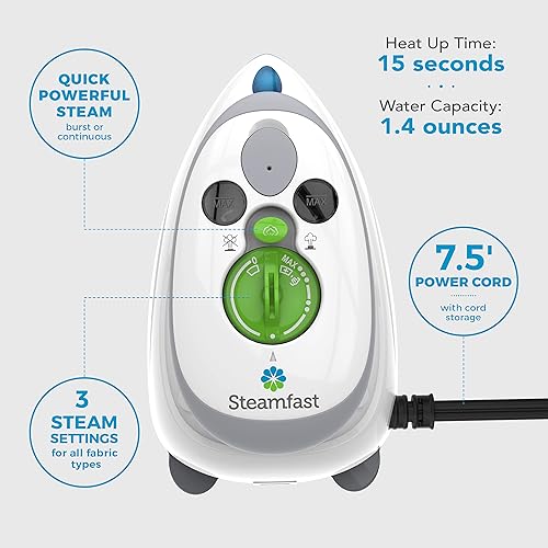 Miniatura 3 de Steamfast SF-720 Mini plancha de vapor de viaje con doble voltaje, bolsa de viaje, suela antiadherente, mango antideslizante, calentamiento rápido,