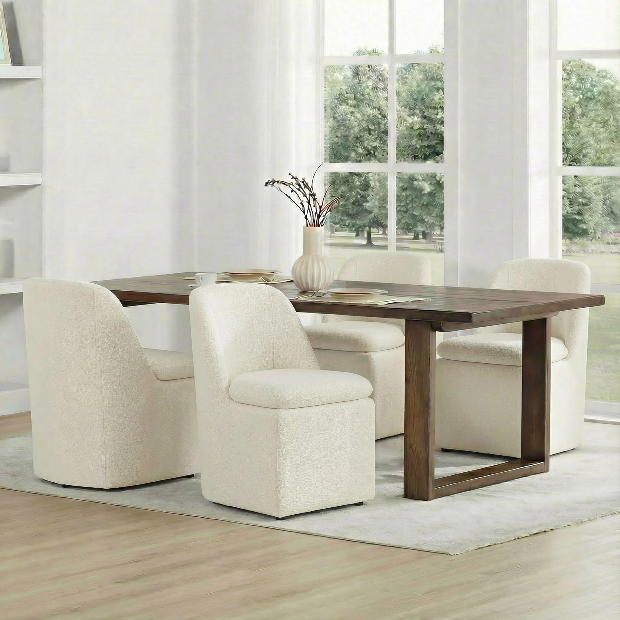 KISLOT Upholstered Dining Chairs Set of 4 with Casters, Modern Side Armless Deskchair with Washable Slipcover &amp; Sturdy Metal Frame for Diningroom Bedroom Livingroom Reading Room, Beige Fabric