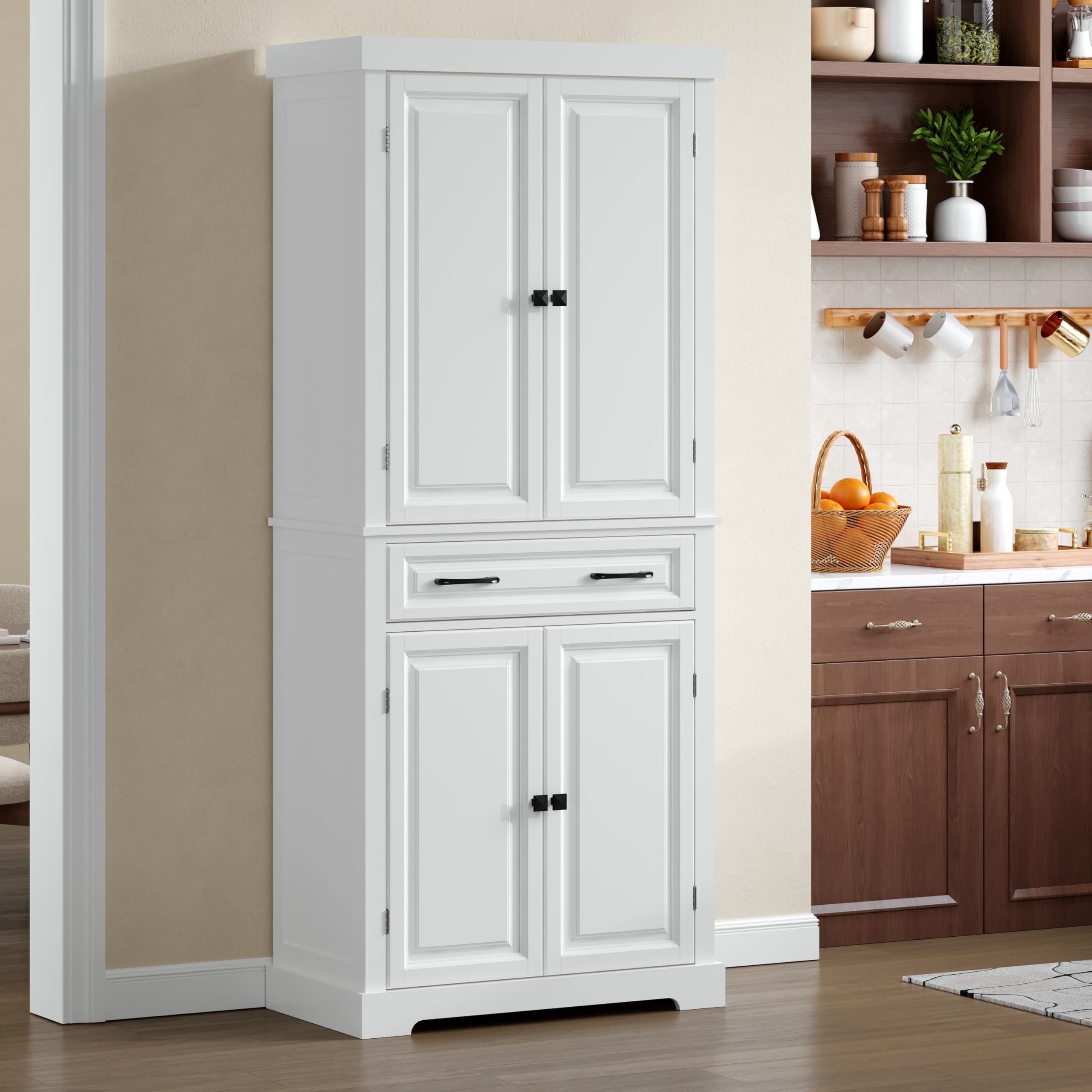 SILUMIN 72" Tall Kitchen Pantry Cabinet, White Wooden Storage Cabinet with Drawer, Adjustable Shelves & Anti-Tip Device, Freestanding Bathroom Storage