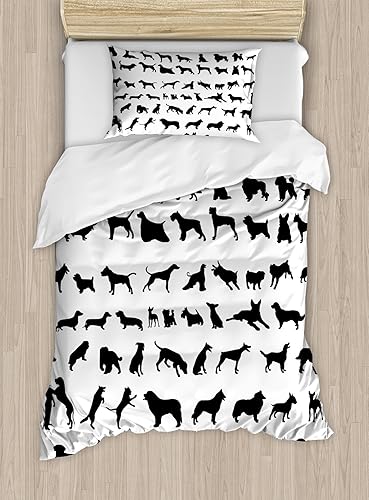 Ambesonne Juego de funda de edredón para amantes de los perros, siluetas de diferentes razas de perros, Chow Chow Shepherd Pinscher Spaniel, juego