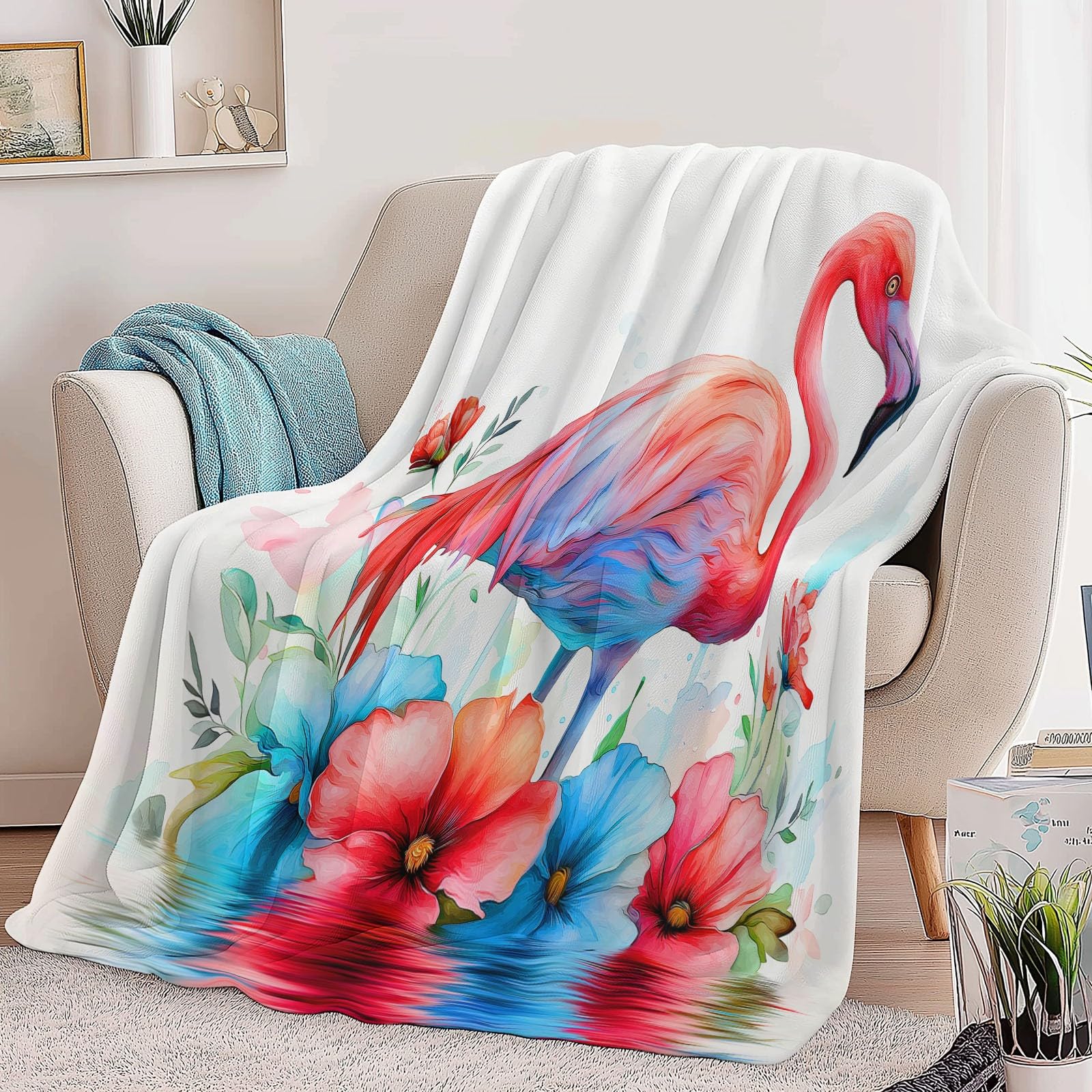 Manta para Sofá, Invierno Verano Manta Polar Flamenco De Acuarela Cálida Mullida Super Caliente Ligera Mantas Cama para Adulto y Niño Sala de Estar, Blanco, 200x200 cm