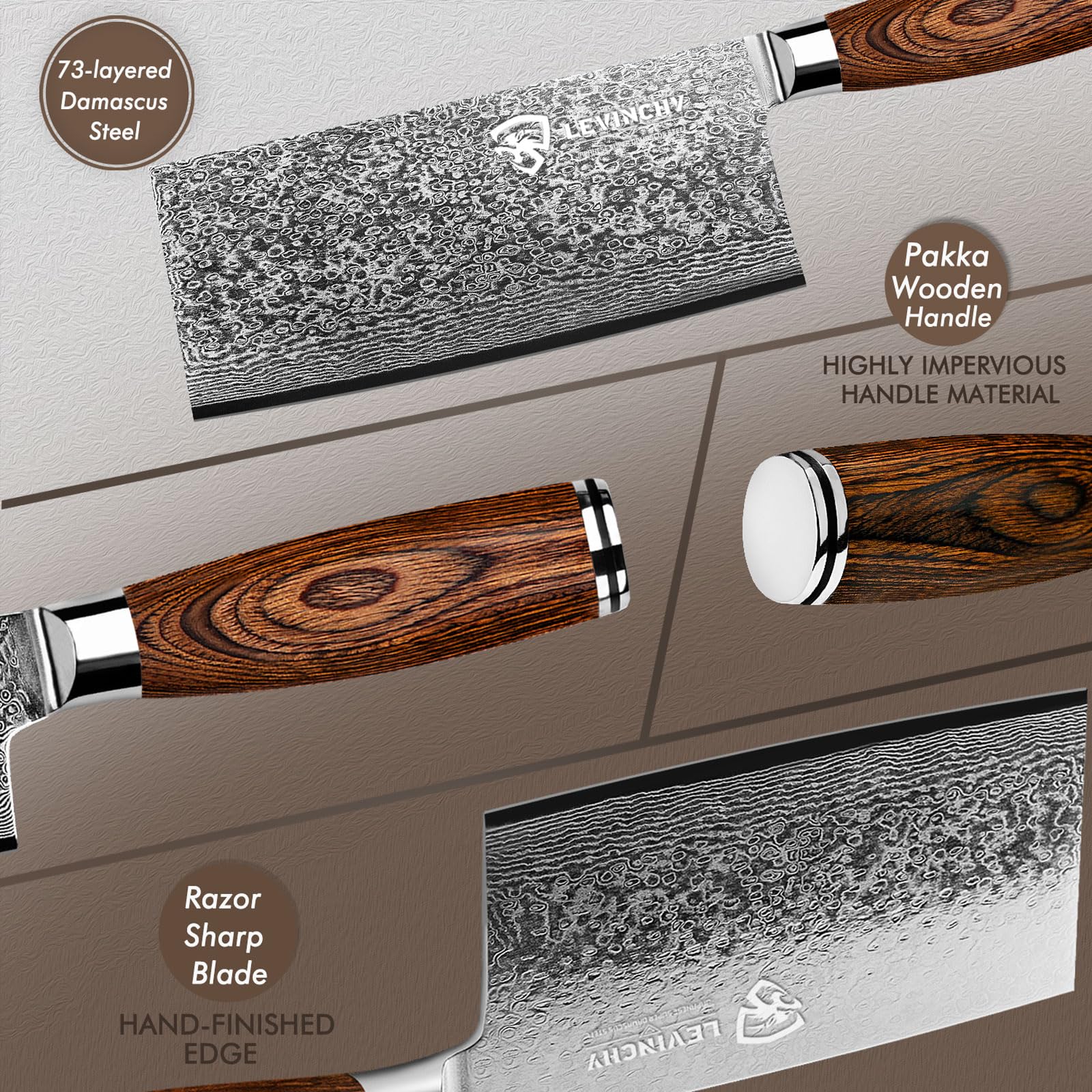 Damascus Cleaver Knife - 8 Inch, Pakkawood Handle -3