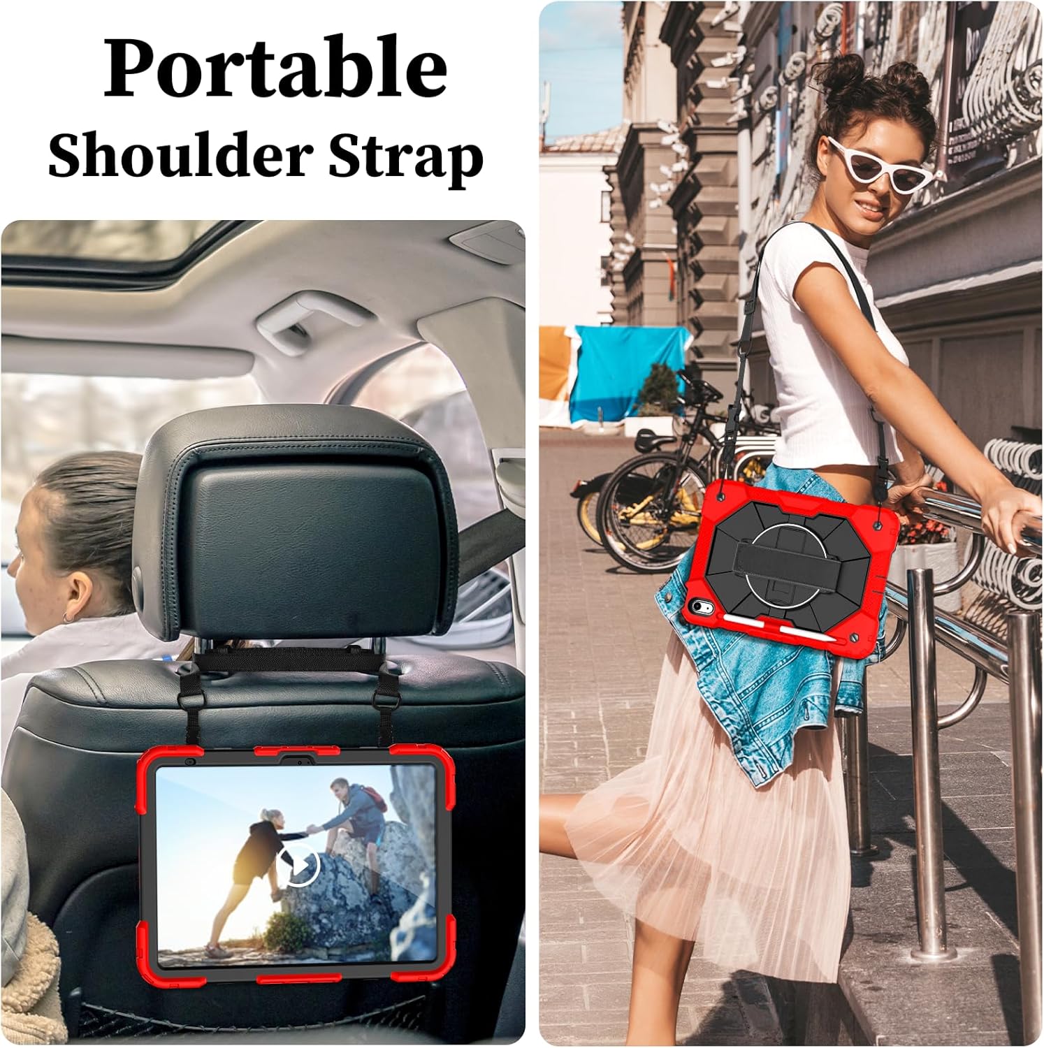 Case for iPad 10th Generation 10.9 Inch 2022 / iPad A16 Case 11 Inch 2025 with Screen Protector 10th Gen Cover for Kids Pencil Holder 360° Rotating Stand Shoulder Strap, Red Black