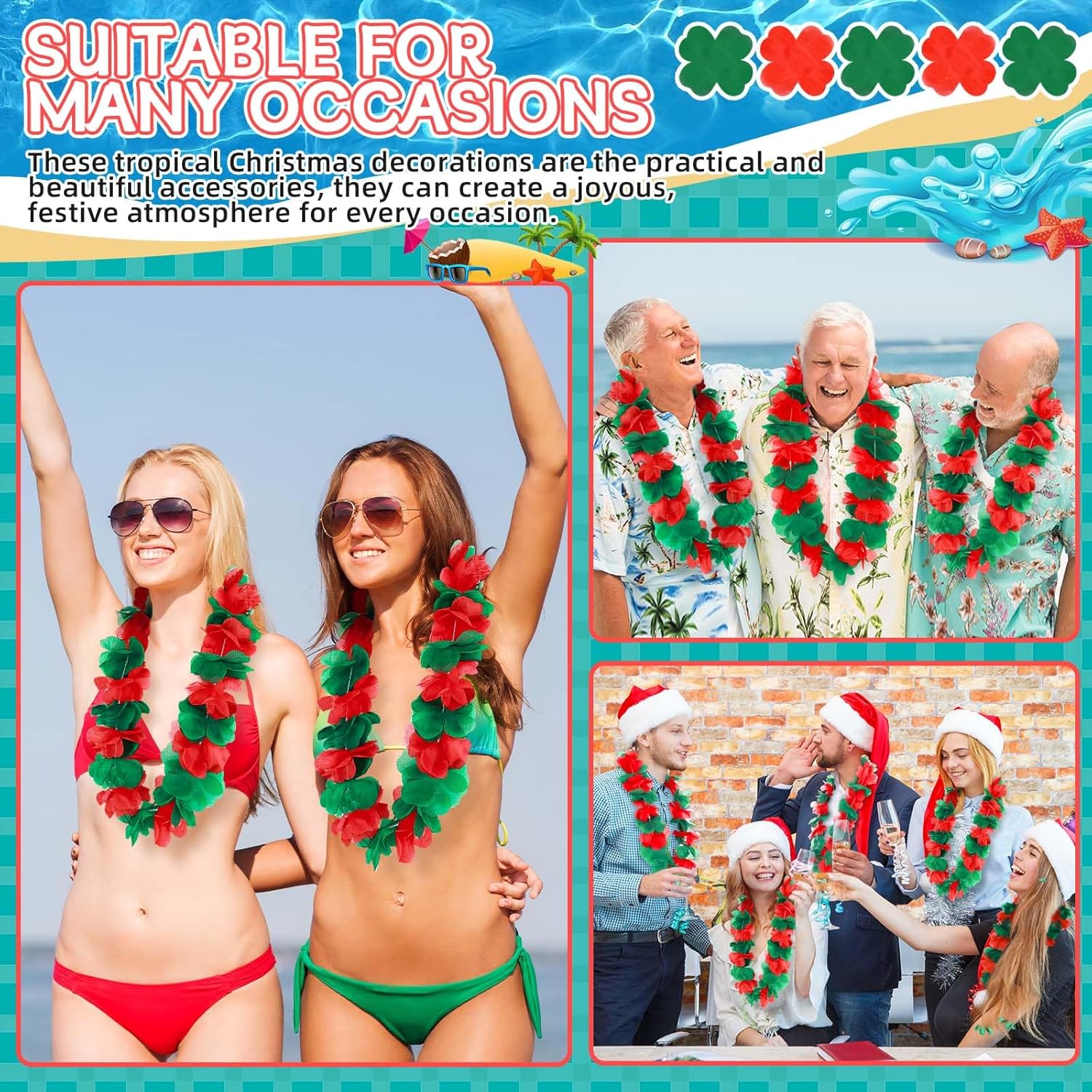Christmas in July Leis Hawaiian Red and Green Tropical Leis Flower Necklace for Christmas July Party Decorations Masquerade Beach Wedding Themed Carnival Supplies