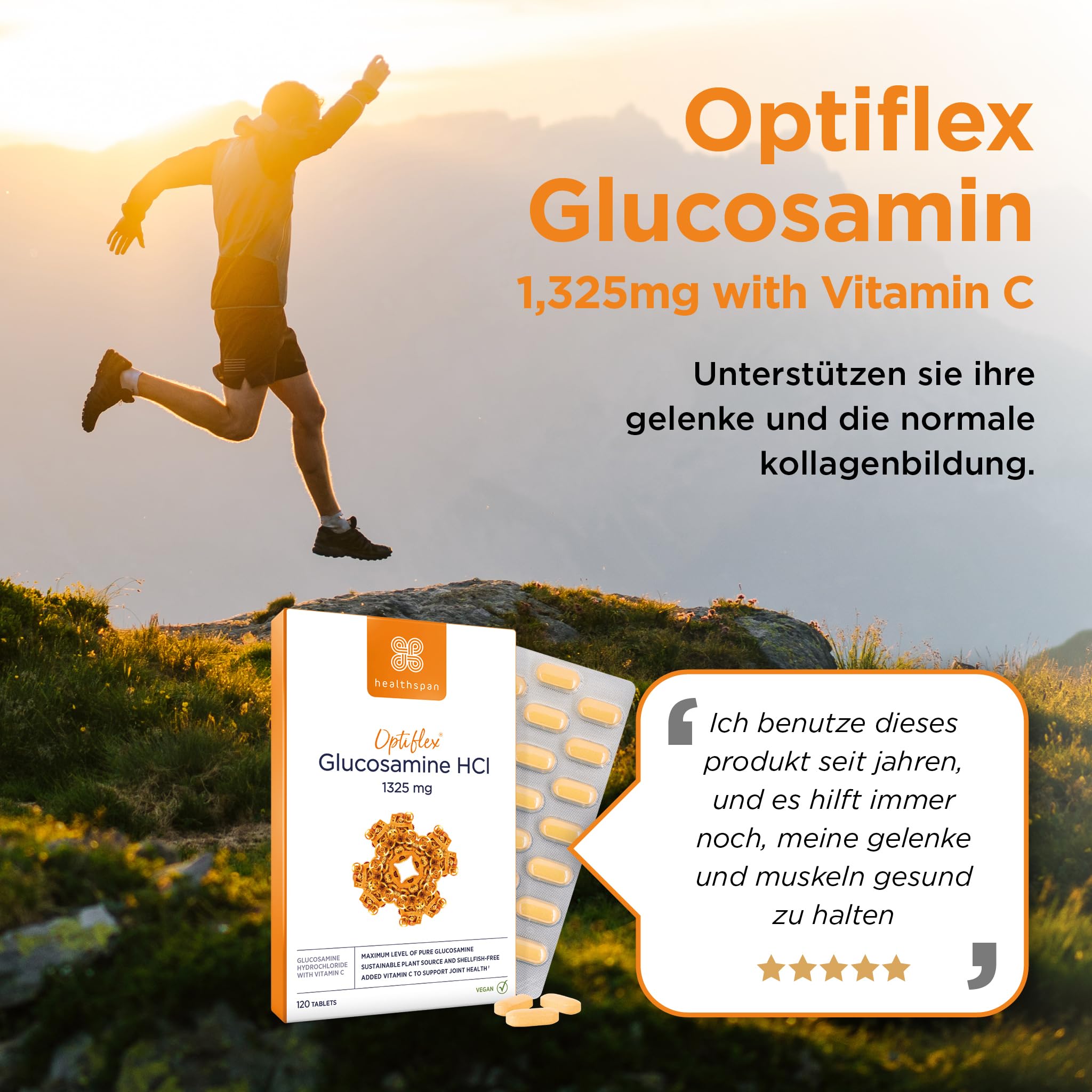 Healthspan Optiflex Glucosamin HCI 1.325mg mit Vitamin C | Schalentierfreie Tabletten für die Gesundheit der Gelenke | 40% mehr Glucosamin | Zusatz von Vitamin C | Vegan | 120 Tabletten