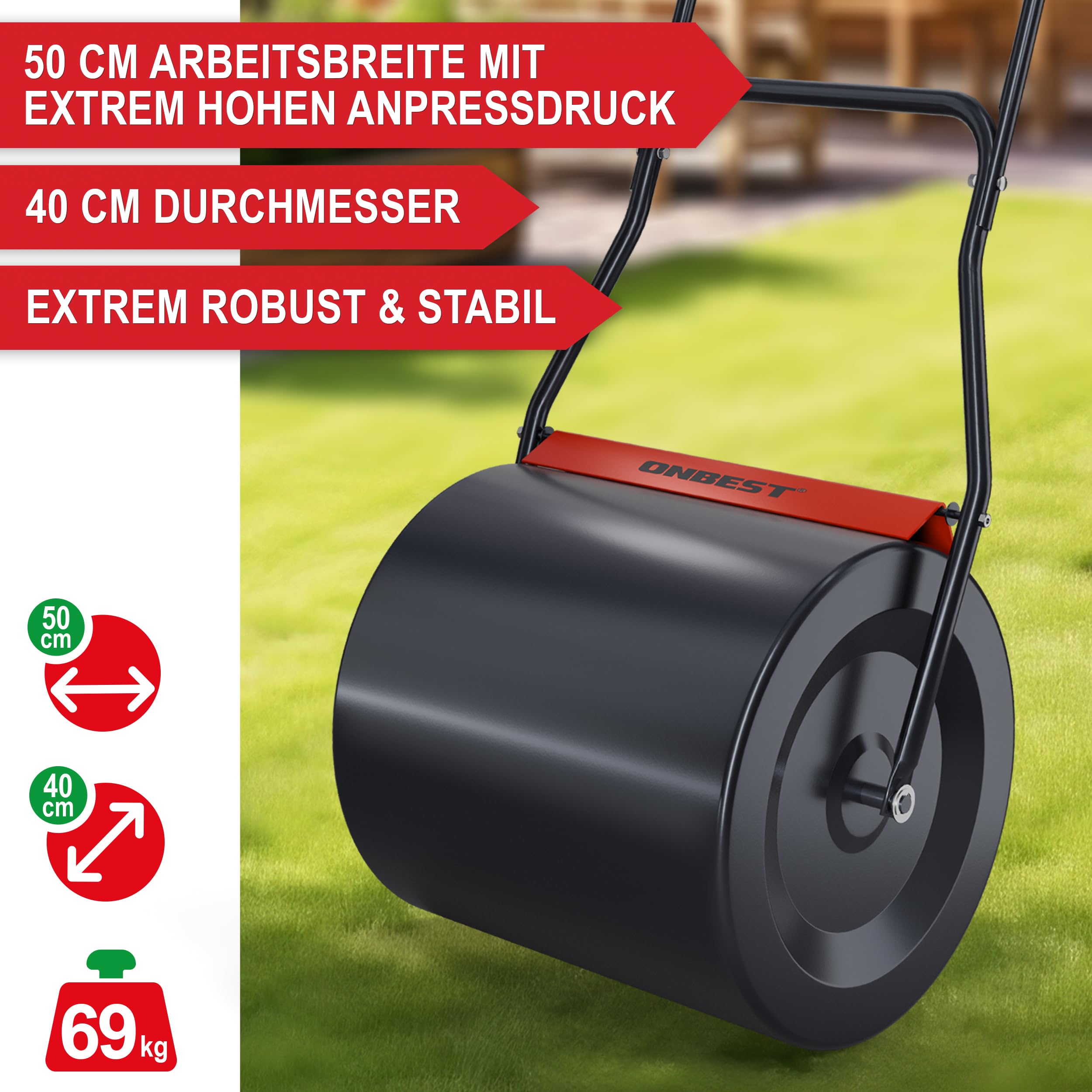 ONBEST Profi Rasenwalze – 60 Liter – befüllbar mit Sand oder Wasser – Walze aus robustem Stahl – inkl. Premium Ablassschraube & Schmutzabweiser – perfekt fürs Rasen sähen