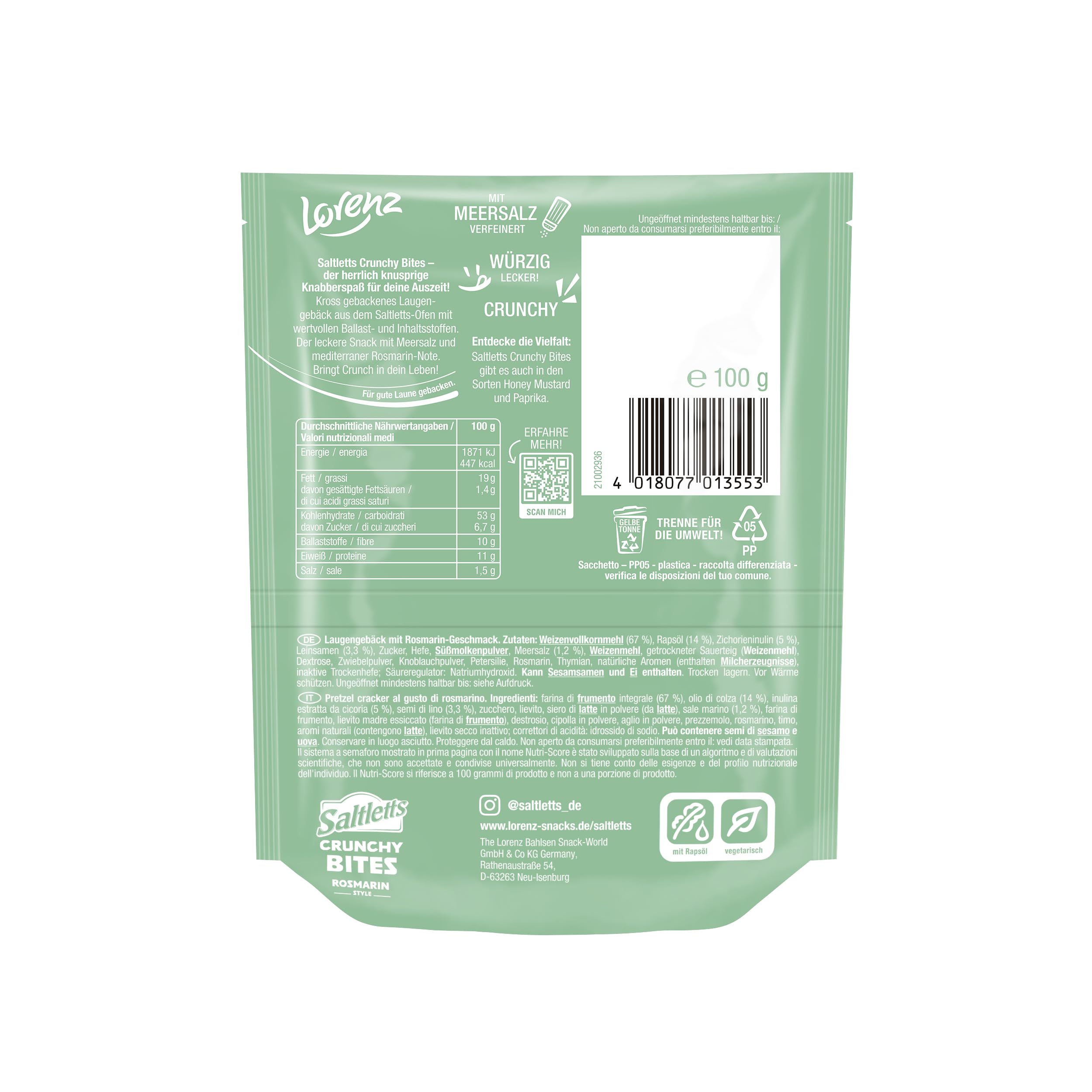 LORENZ | Saltletts Crunchy Bites Rosmarin | 16 x 100 g | vegetarisch