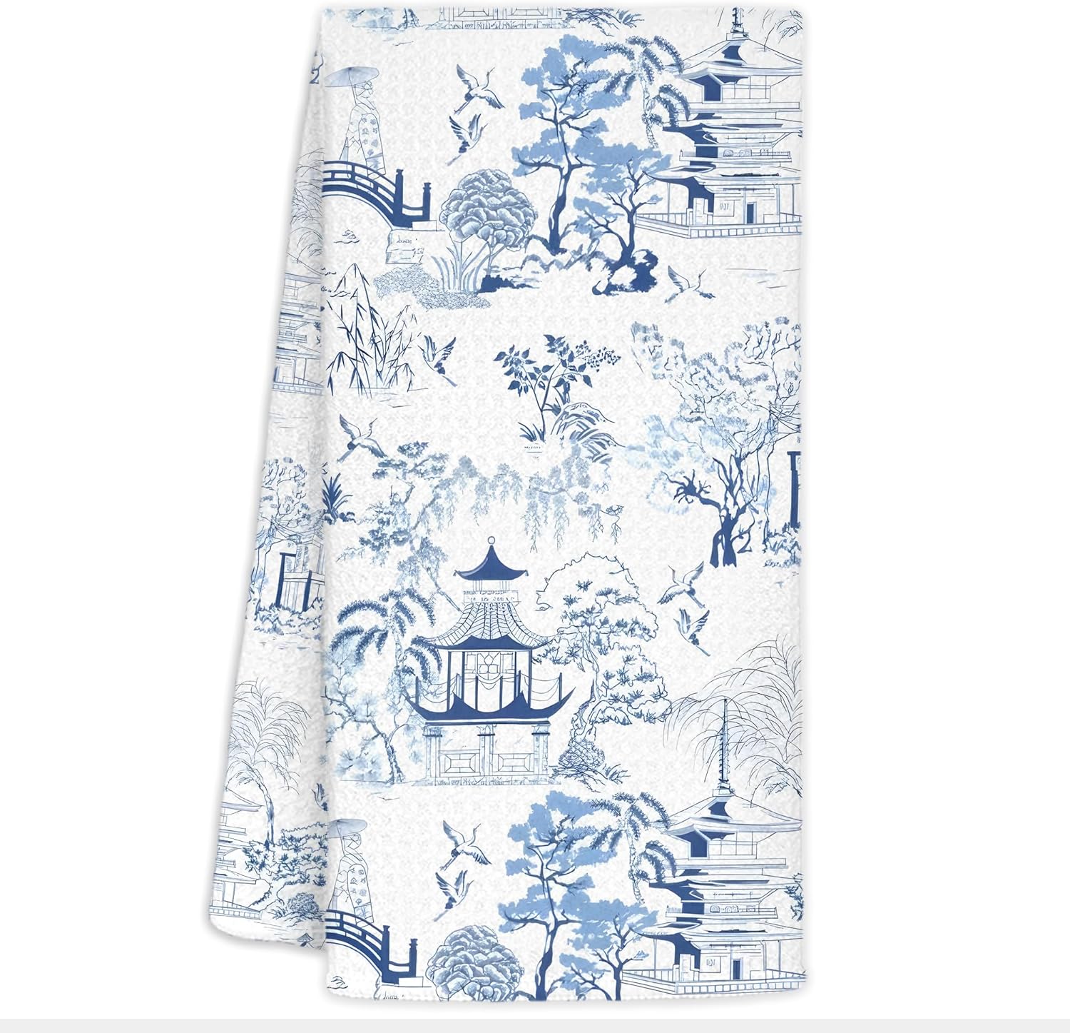 Japanese Pagodas Blue and White Chinoiserie Kitchen Towels, Chinoiserie Decor Dish Towels for Kitchen, Blue and White Hand Towels for Bathroom, Chinoiserie Home Decor, 16x24 Inch
