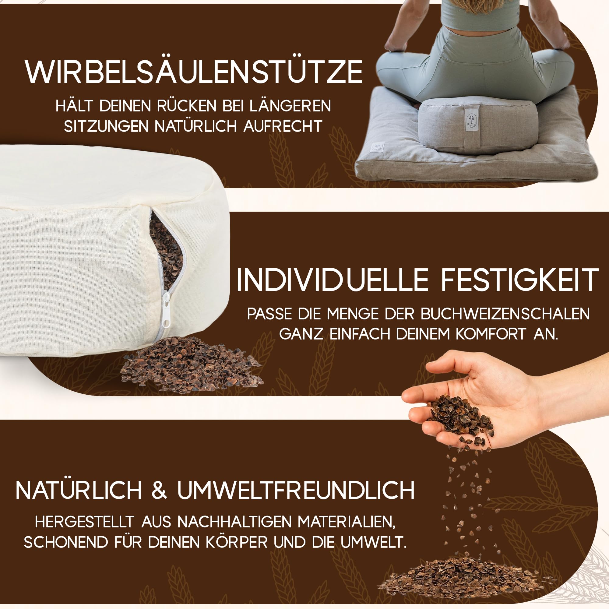 Spirit Love Leinen Yogakissen mit Bio-Buchweizenschalen | Meditationskissen | Anpassbare Füllung mit waschbarem Bezug | Sitzkissen Perfekt für bequemes und sanftes Yoga | 100% Natürlich - M 35x13cm…