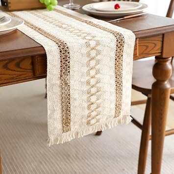 Simple&Opulence Boho Macrame Table Runner - 12 x 60 Inch, Splicing Burlap Farmhouse Cotton Table Runner with Fringed Edges for Bohemian Rustic Wedding, Bridal Shower, Dinner Brown Pinstripe