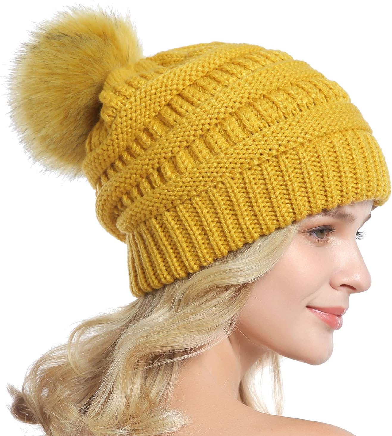 QUEENFUR Women Knit Slouchy Beanie Chunky Baggy Hat with Faux Fur Pompom Winter Soft Warm Ski Cap - Image 4