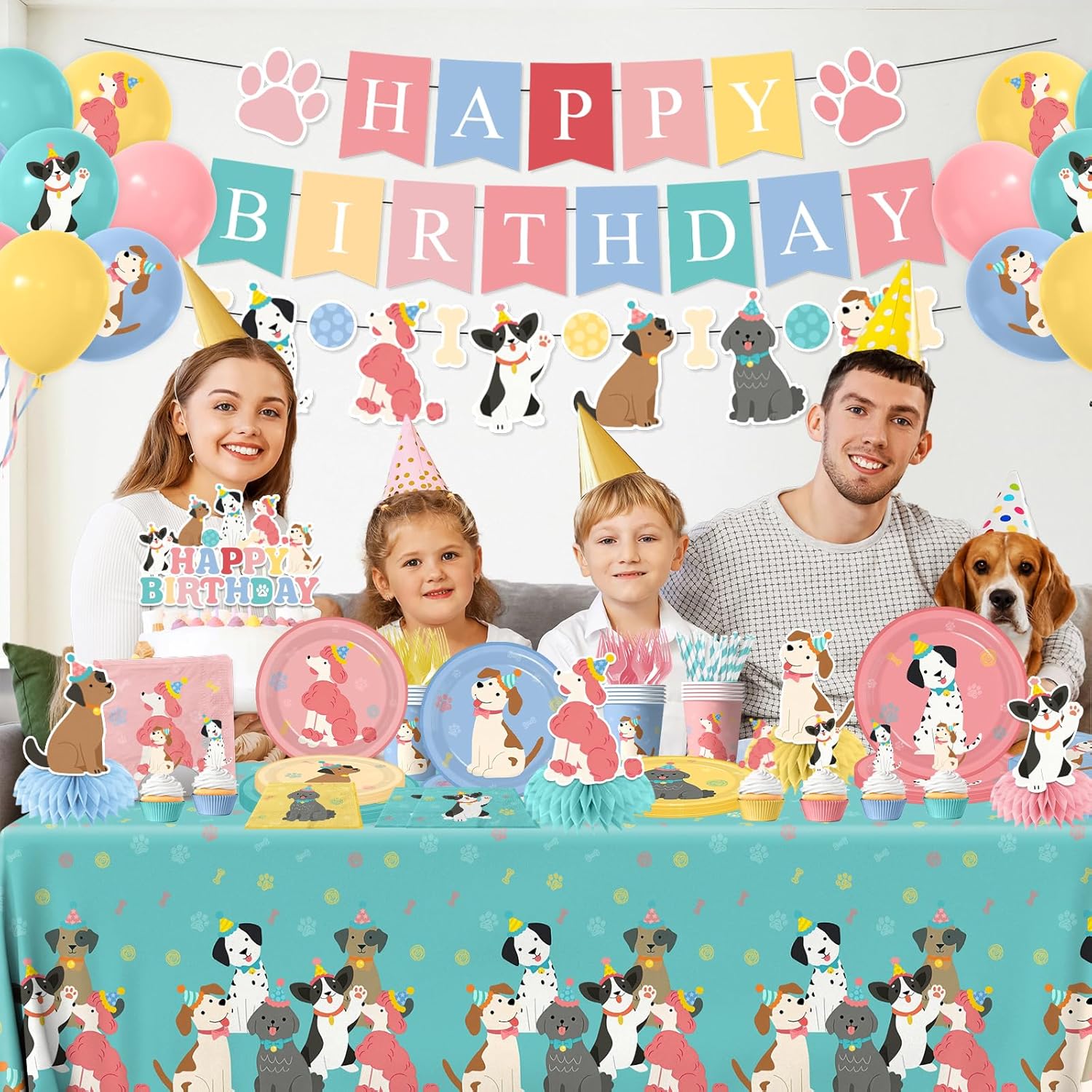 Dog Themed Birthday Party Decorations,Puppy Birthday Party Decorations Vintage Dog Plates and Napkins,Cups,Tablecloth,Happy Birthday Banner,Balloon,Cake Topper for Kids Dog Birthday Party Supplies