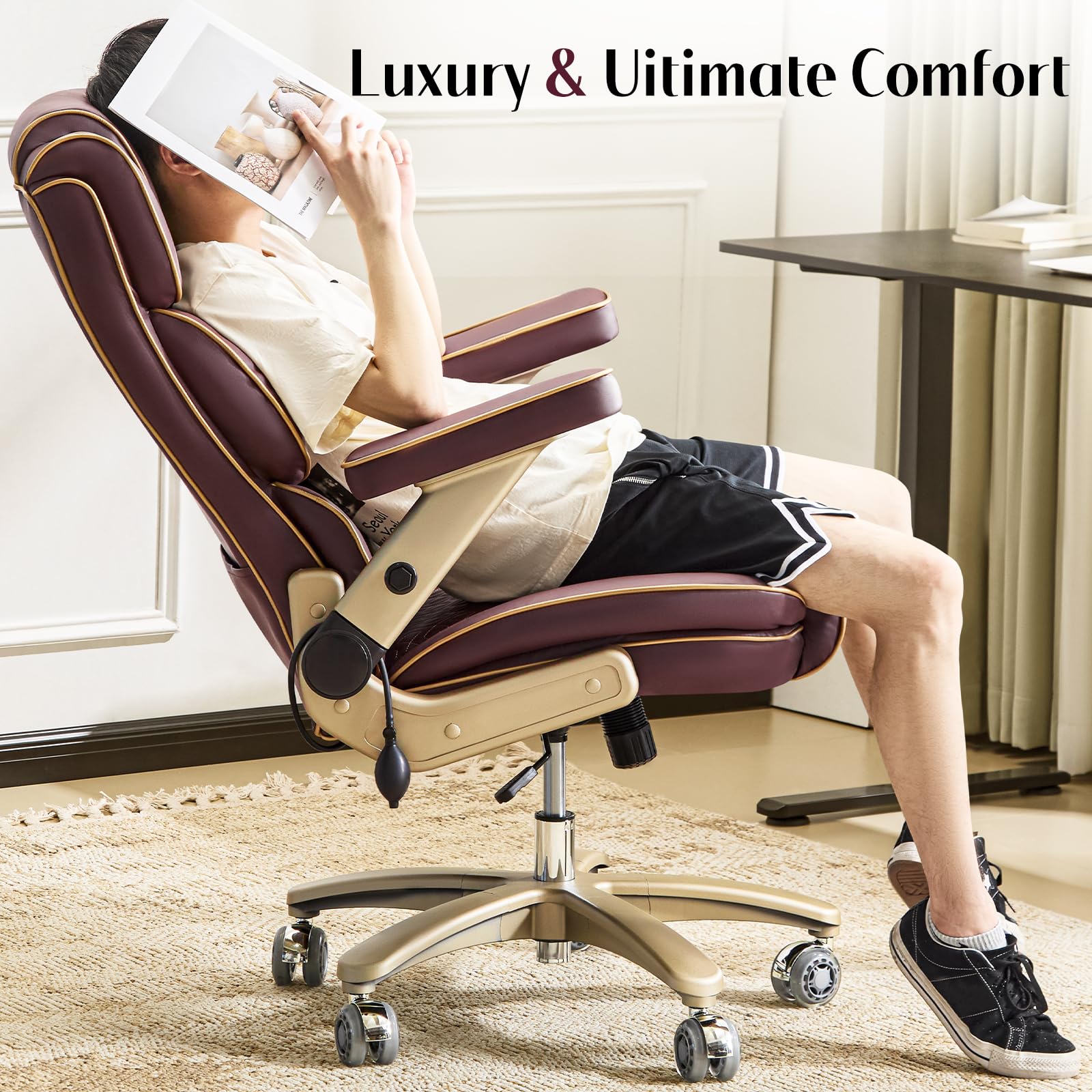 Heavy Duty Executive Leather Chair Big and Tall Office Chair 500lbs with 5D Flip-up Armrests Comfortable Seat Adjustable — view 8