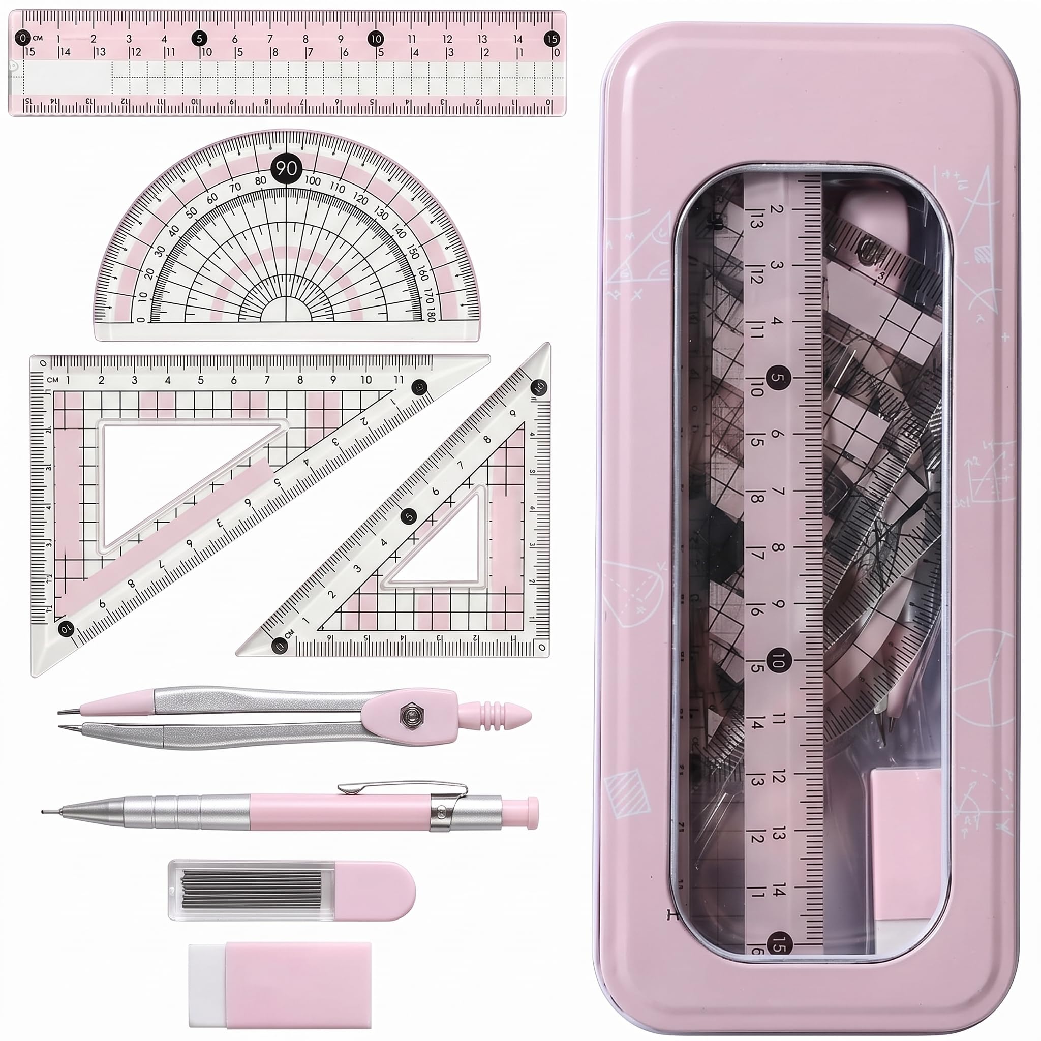 Protractor and Compass Set,Geometry Sets,Maths Stationary Kit for Secondary School,High School Essentials Stationery,Math Drawing Equipment Box Supplies,Pink Compasses Setgeometry Ruler for Girls