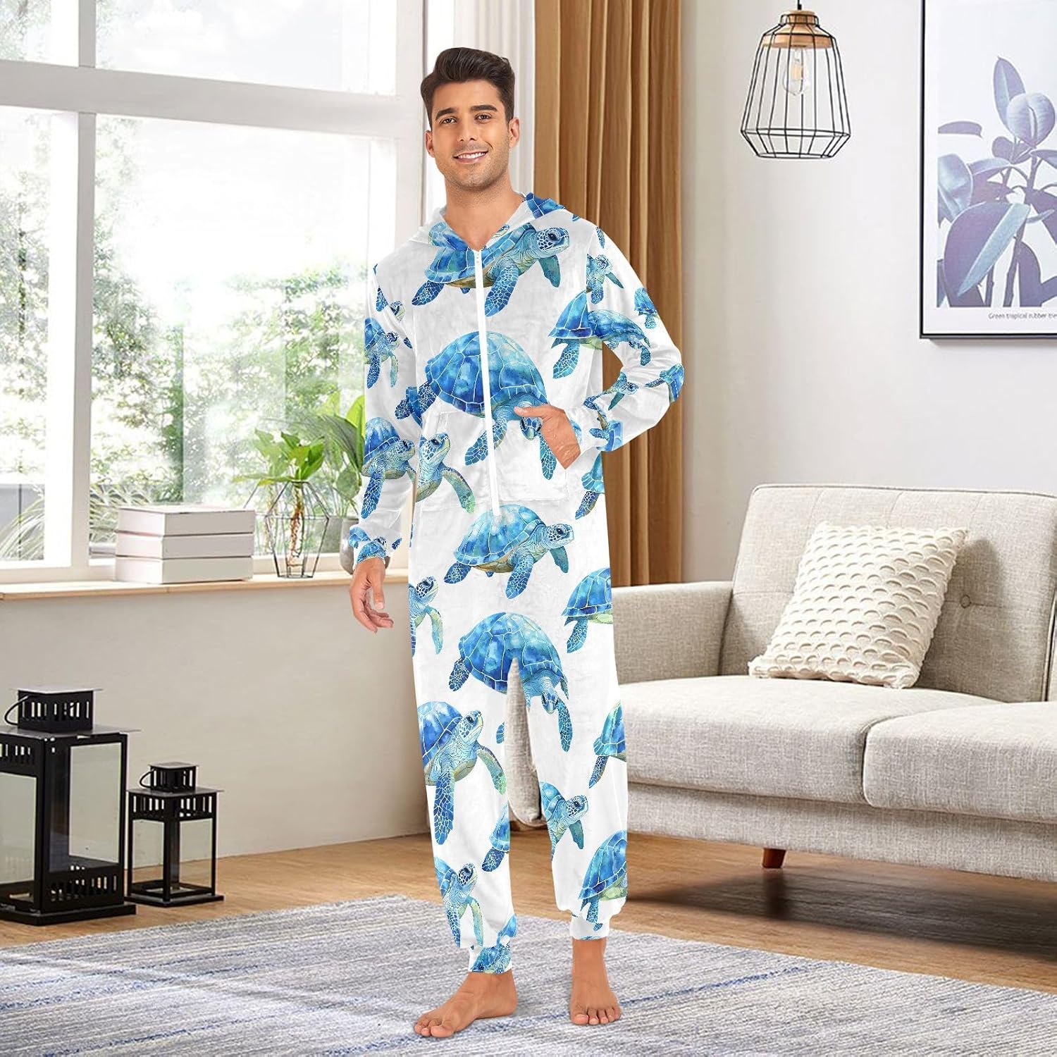 Turtle Blue Ocean Nautical Coastal Adult Onesie Pajamas Novelty One Piece Costume Sleepwear Jumpsuits Matching PJS