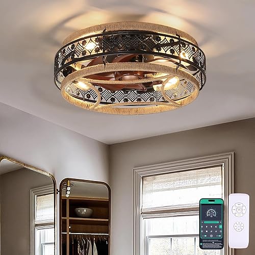 Ventiladores de techo de jaula de nailon bohemio de perfil bajo de 18 pulgadas con luces y control remoto, ventilador de techo de montaje empotrado