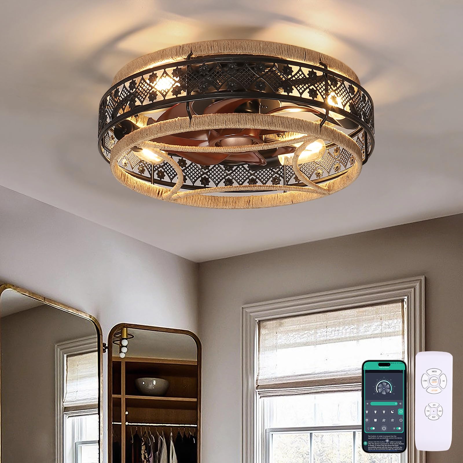18” Low Profile Boho Nylon Cage Ceiling Fans with Lights and Remote, Black Flush Mount Ceiling Fan, Small Farmhouse Ceiling Fan Lamp Lighting Fixture for Bedroom, Reversible(Bulbs not included)
