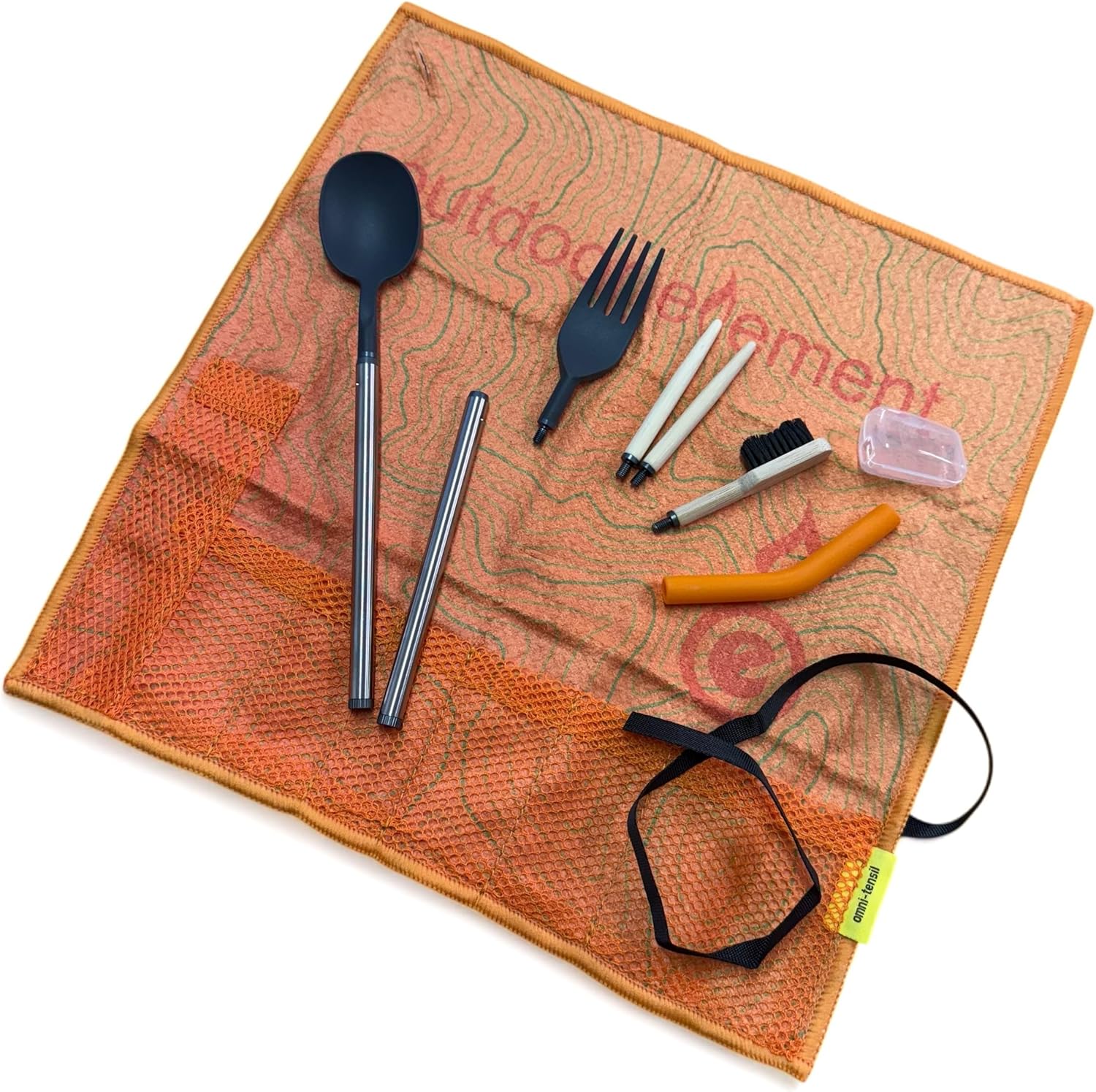 OUTDOOR ELEMENT Omni-Tensil™ – Portable, Compact, Multi-Use, Travel, Camping Cutlery Set with Fire Bellows | Lightweight, Backpacking & Overlanding Utensil Kit with Roll Pouch