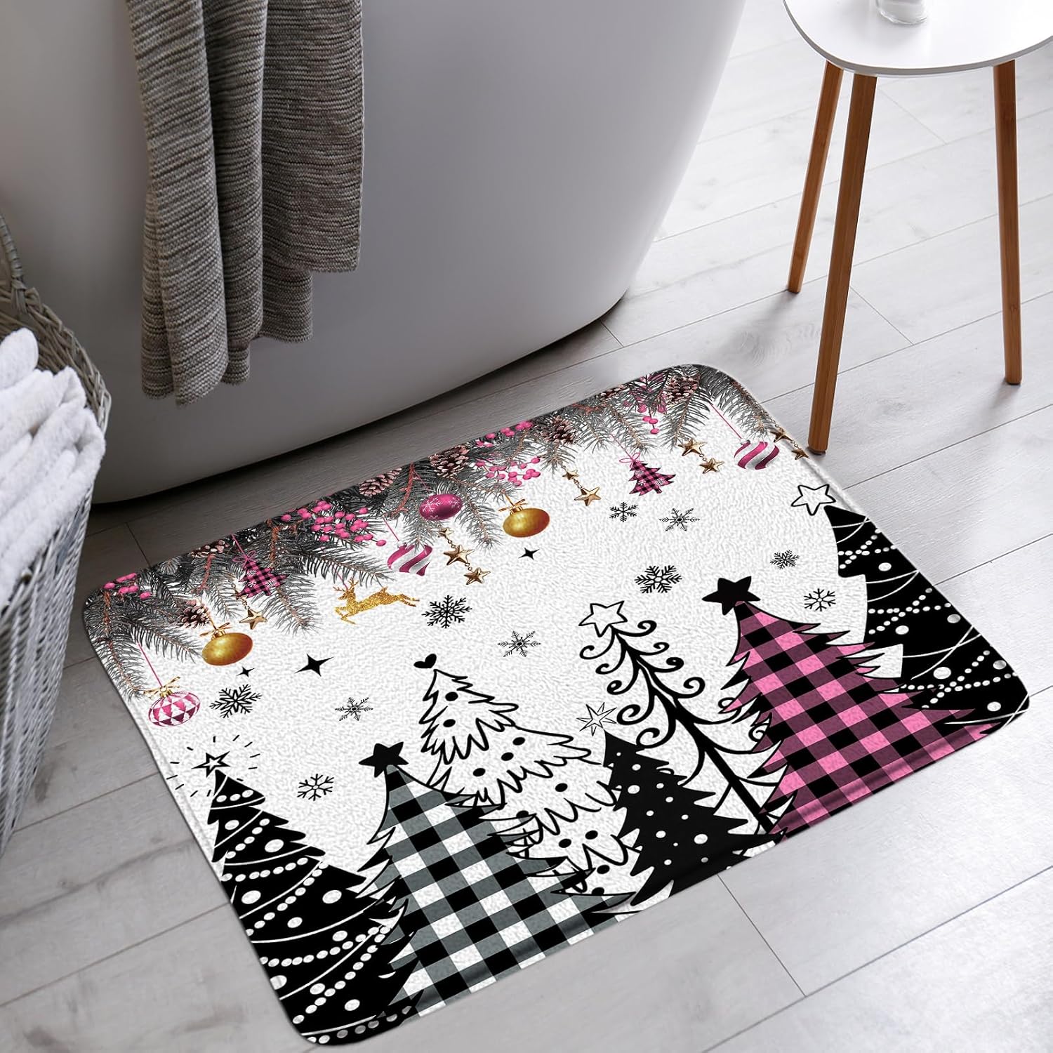 Christmas Trees Bath Mat Pink Black Buffalo Check Plaid Xmas Ball Pine Leaves Snowflake Winter Holiday New Year Bathroom Bath Rugs Microfiber Memory Foam(24x60 Inch)