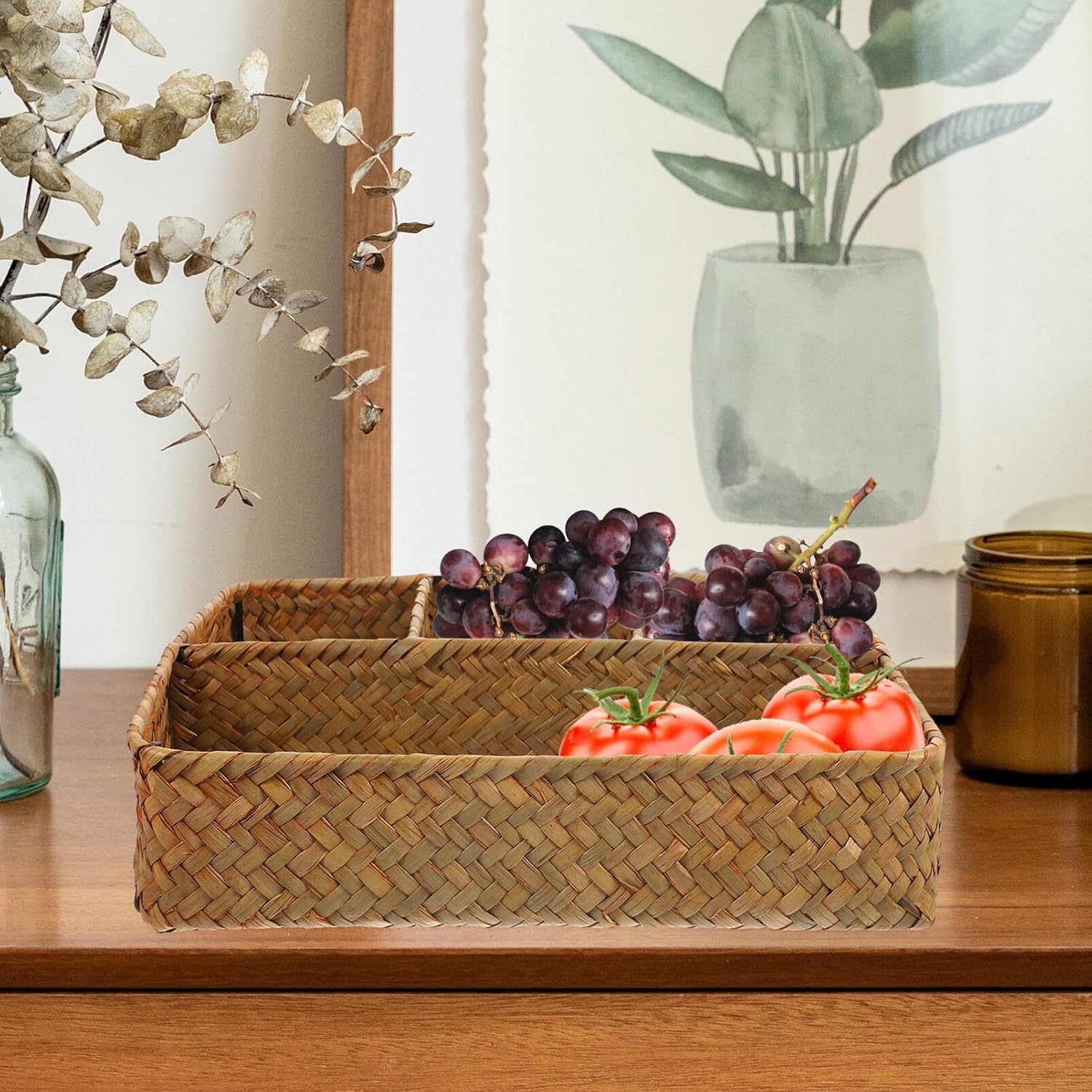 HEMOTON Rattan Storage Basket Small Wicker Baskets Woven Lid Desktop for Snack Fruit Sundry Organizer