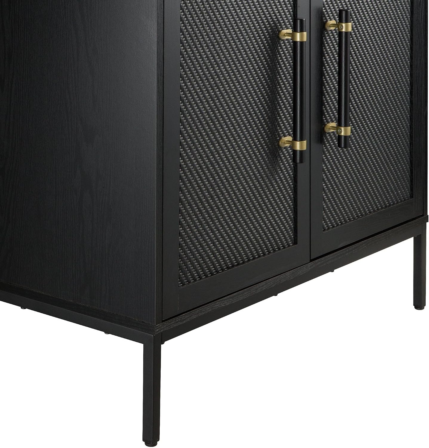 Sophia 2-Door Accent Cabinet, Black Finish with Rattan Doors & Wood/Brass Handles, Adjustable Shelf, Aluminum Legs, Mid-Century Modern Storage for Luxury Living Room, Kitchen, Entryway