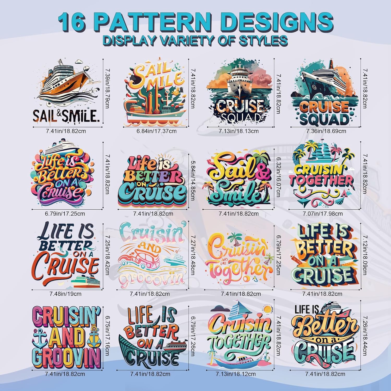 Wxiben Cruise Iron on Transfers for T-Shirts - 16Pcs Sea Navigation Dtf Transfers Ready to Press Boat DTF Heat Transfer Vinyl Stickers Summer Travel Iron on Decals for Clothing T-Shirts DIY Crafts