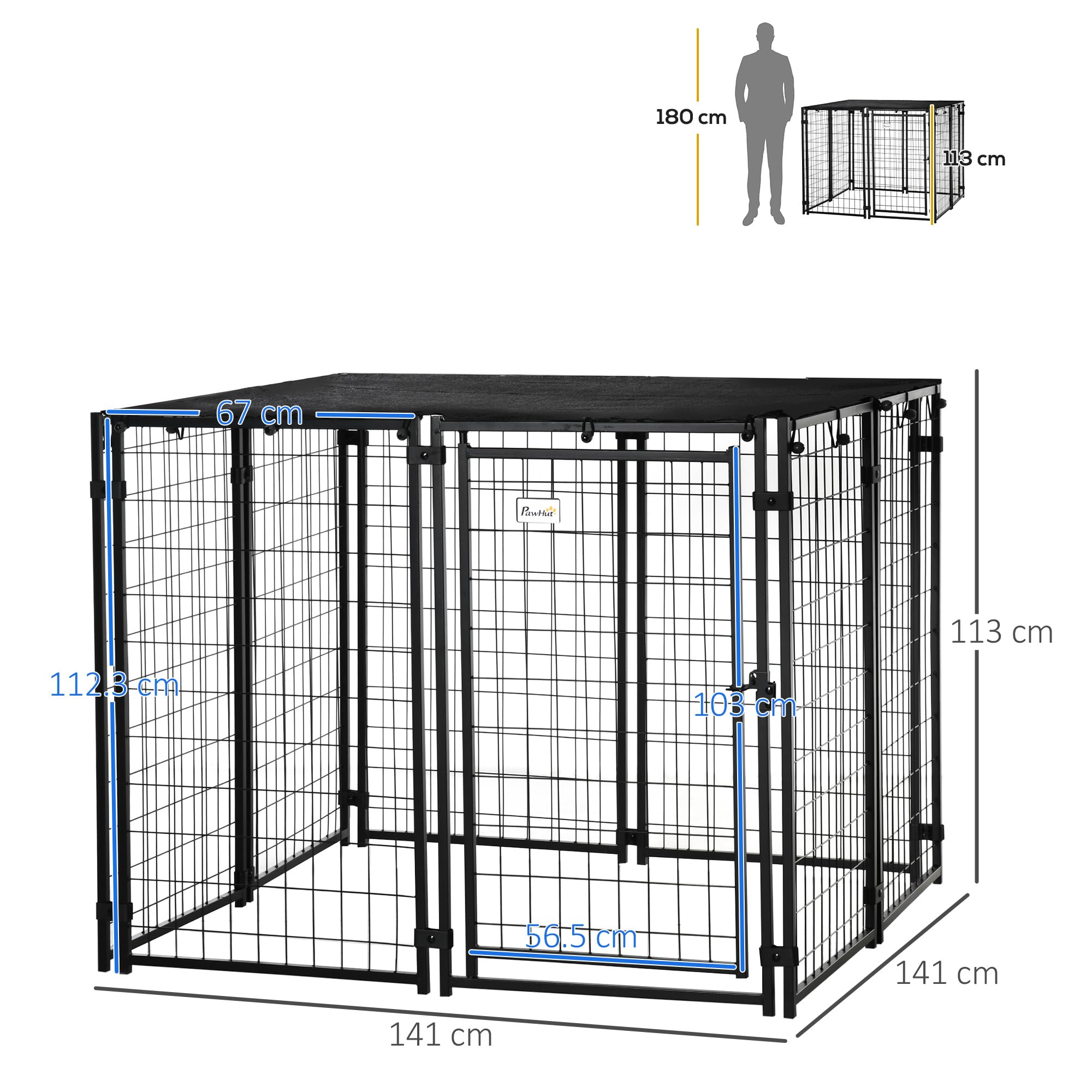 PawHut Recinto per Cani in Acciaio Pieghevole con Copertura, Box per Animali a 8 Pannelli con Porta Bloccabile, 141x141x113cm, Nero