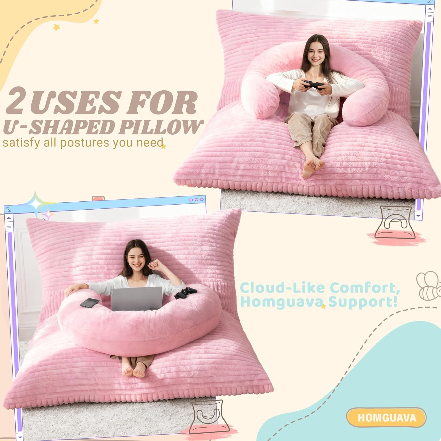 Homguava Giant Bean Bag Chair for Adults with Pillow, 4 in 1 Convertible Floor Cushion for Adluts, Memory Foamed Bean Bag Lounger with Washable Cover for Living Room, Bedroom - Image 5