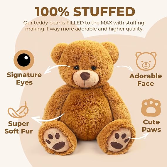 LotFancy Teddy Bear Stuffed Animals, 20 inch Soft Cuddly Cute Plushies, Plush Toys with Footprint Design, Stuffed Animals for Girls Kids Baby Toddlers, Baby Shower Easter Birthday Gift Decor, Brown