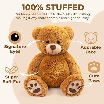LotFancy Teddy Bear Stuffed Animals, 20 inch Soft Cuddly Cute Plushies, Plush Toys with Footprint Design, Stuffed Animals for Girls Kids Baby Toddlers, Baby Shower Easter Birthday Gift Decor, Brown