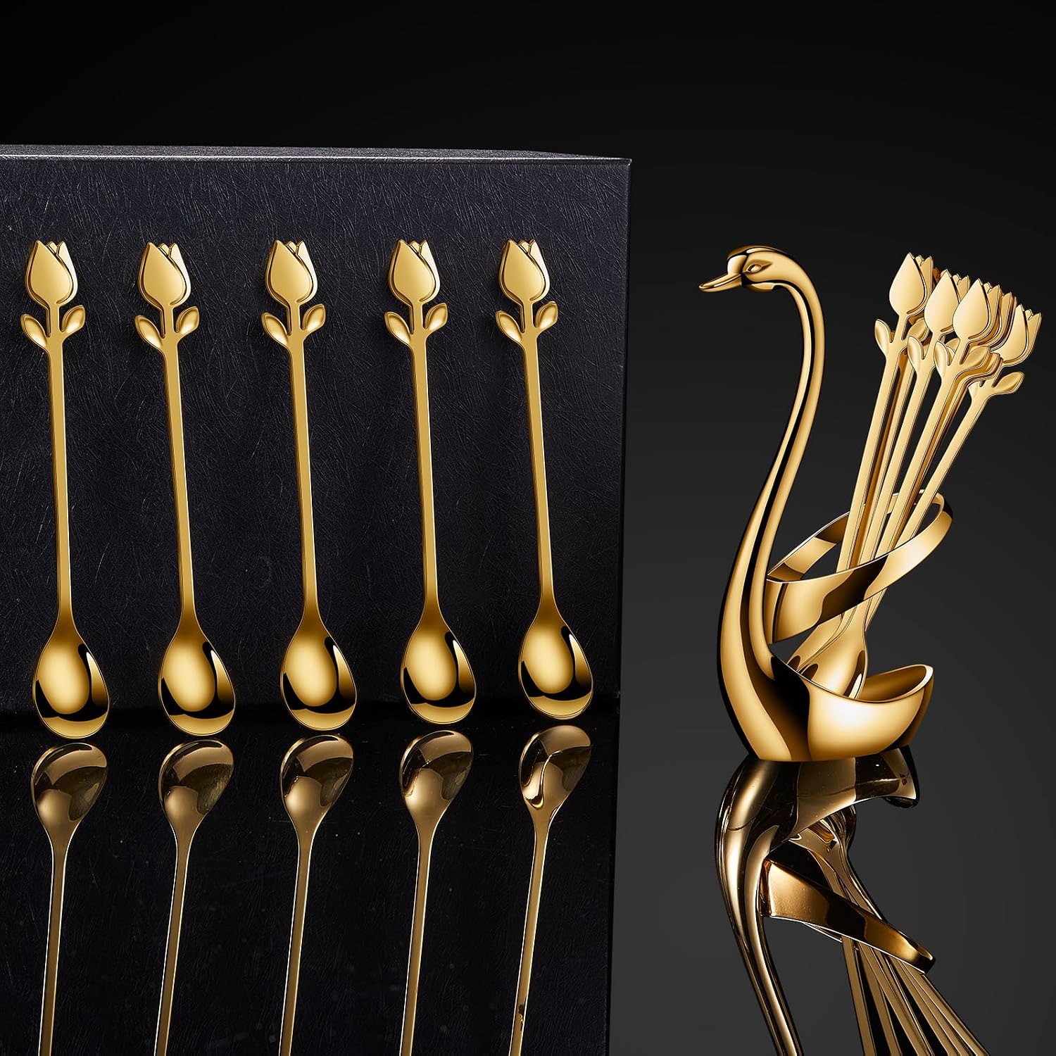 Gold Swan Base With 12 Pcs Coffee Spoon Holder Set - 6" | Tulip/Rose Handle,Stainless Steel,Espresso spoons,Tea spoons,Dessert spoons,Demitasse spoons,Small spoons