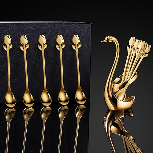 Miniatura 8 de Soporte de base de cisne con 12 cucharas de café pequeñas con mango de tulipán doradorosa, 6 pulgadas, acero inoxidable