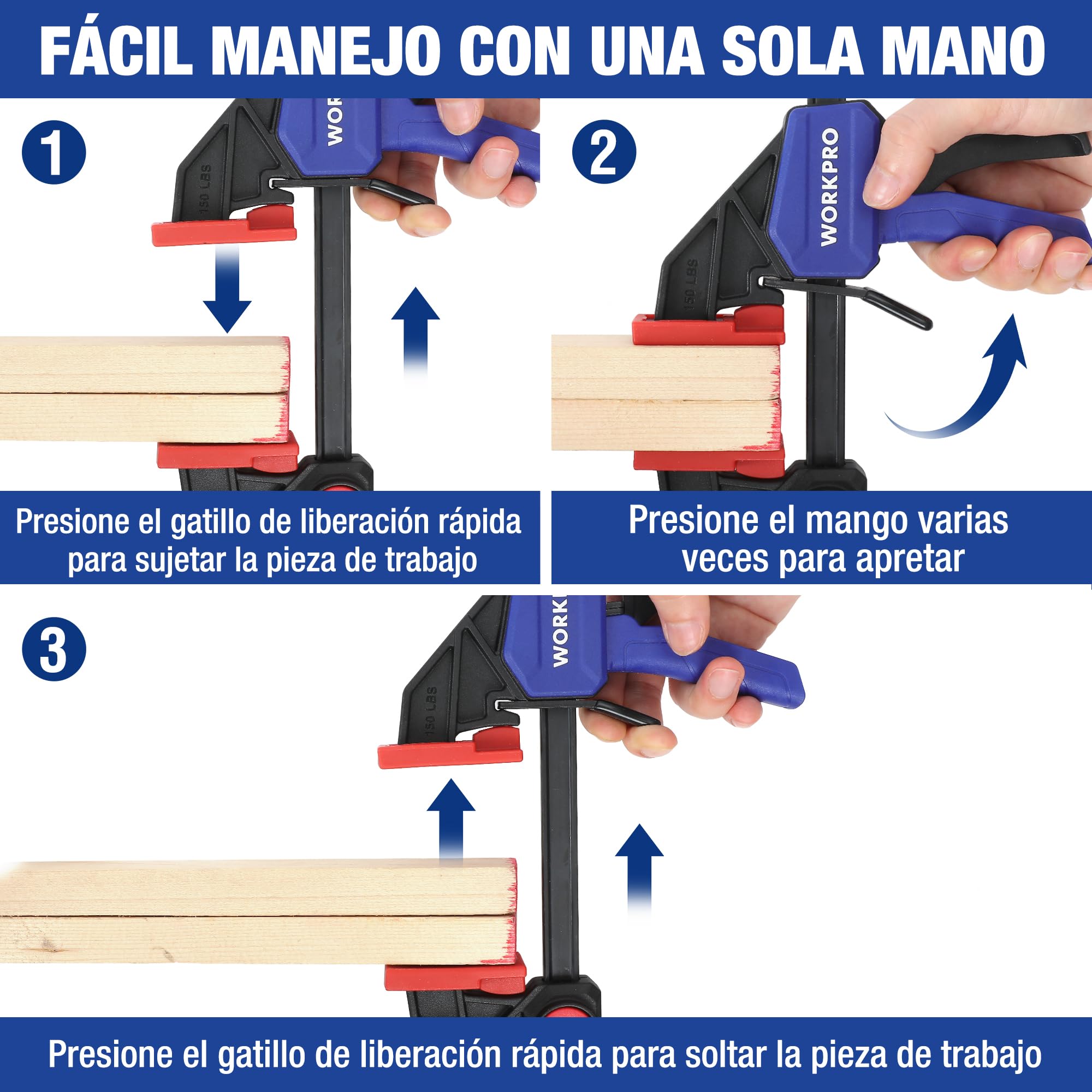 WORKPRO - Juego de 6 abrazaderas de una mano, 150 mm, fuerza de sujeción, 22,5 kg/68 kg, envergadura 150 mm, 4 convencionales y 2 mini bridas para una fijación precisa y carpintería | Incluye 4 Sargentos Estándar y 2 Mini con Fuerza de Sujeción de 22,5kg