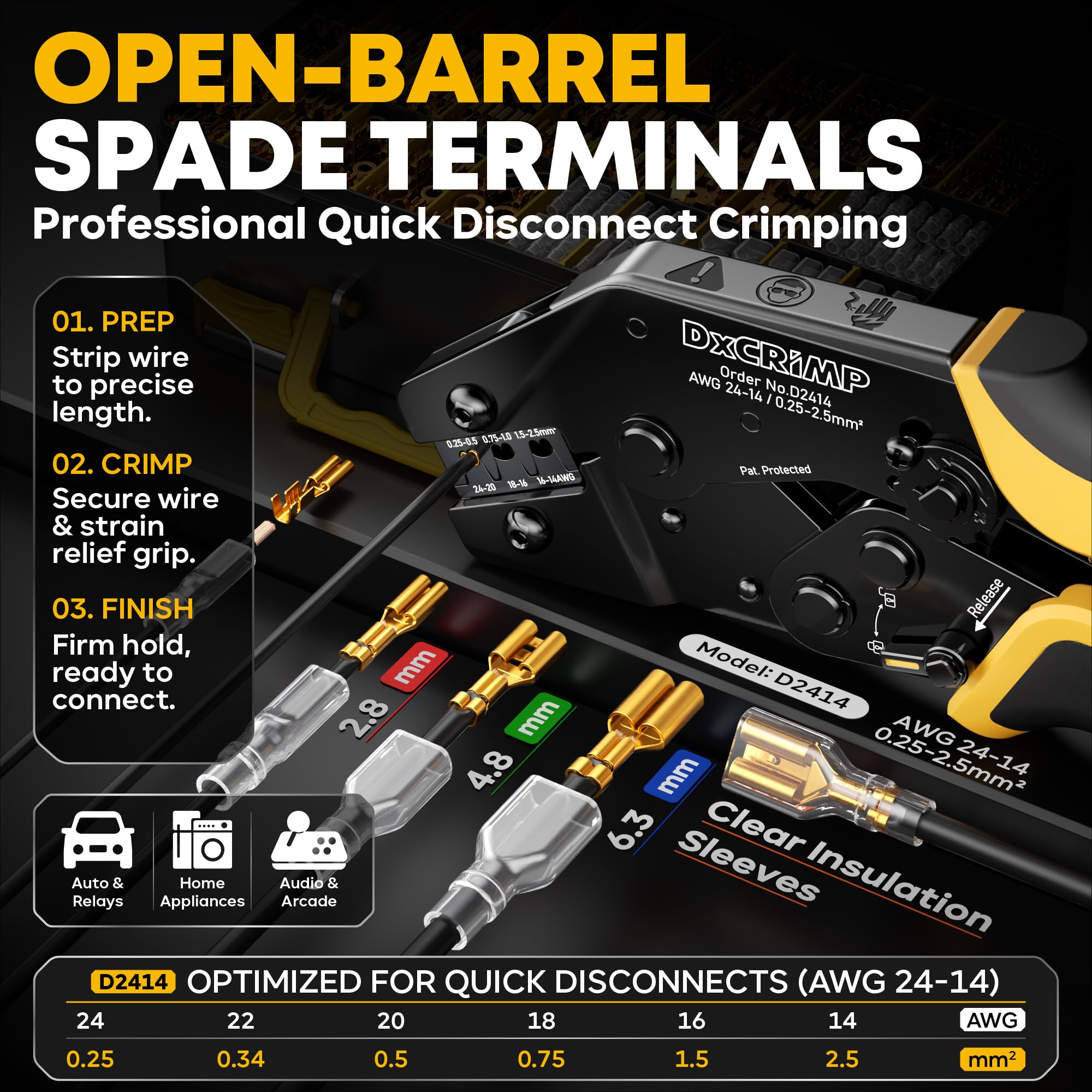 DxCRIMP Kit de Crimpadora para Terminales Eléctricos con 21 Tipos de 0,25–2,5 mm² (AWG 24–14), Kit Profesional de Crimpado y Pelacables, Herramienta Precisa para Electricistas, Bricolaje y Hobby