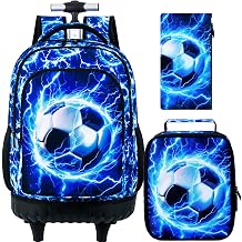 KLFVB Rolling Backpack for Boys and Mens, 3PCS Roller Bookbag with Lunch Bag for Kids, Wheeled School Bag for Children - Lightning Soccer