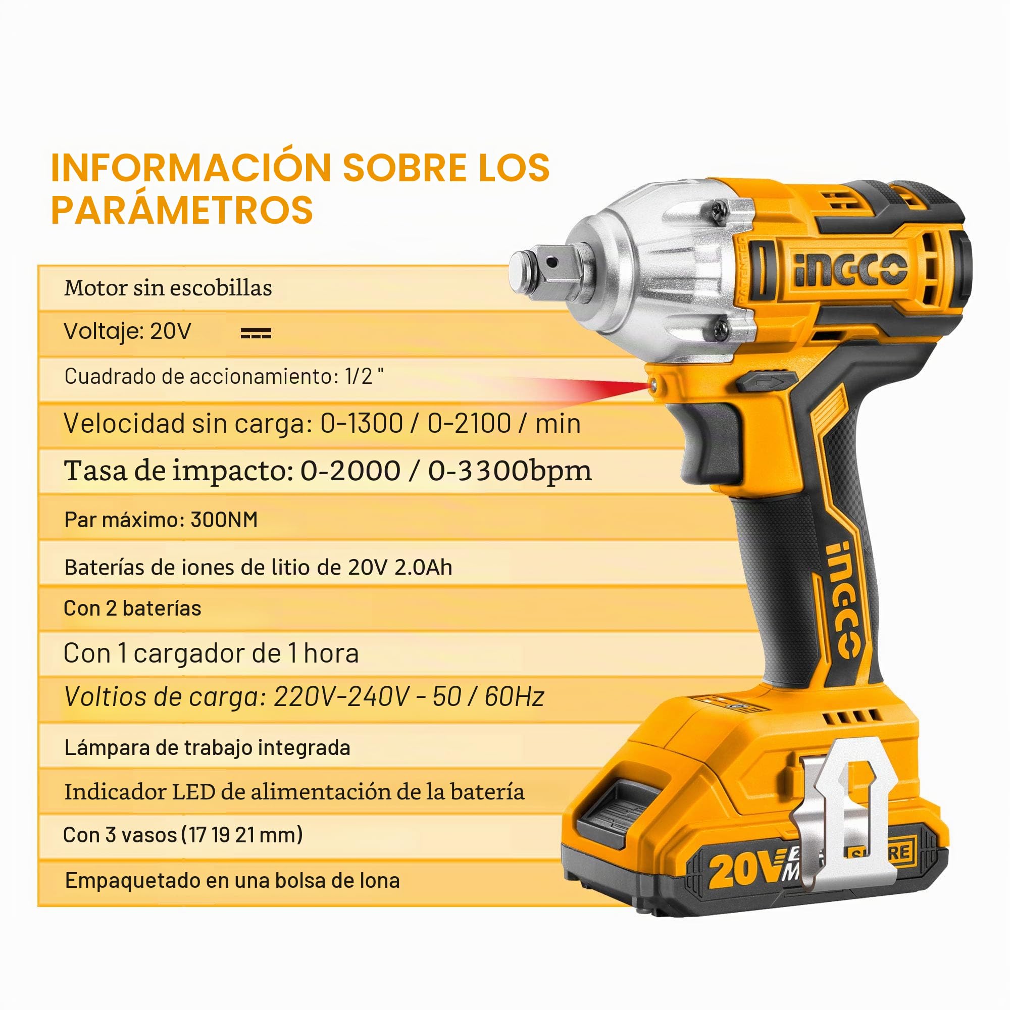 Llave de impacto sin escobillas, 20V INGCO 300NM 1/2 pulgada Pistola Impacto Bateria, Inalámbrica con 2pcs Batería de 2.0 Ah