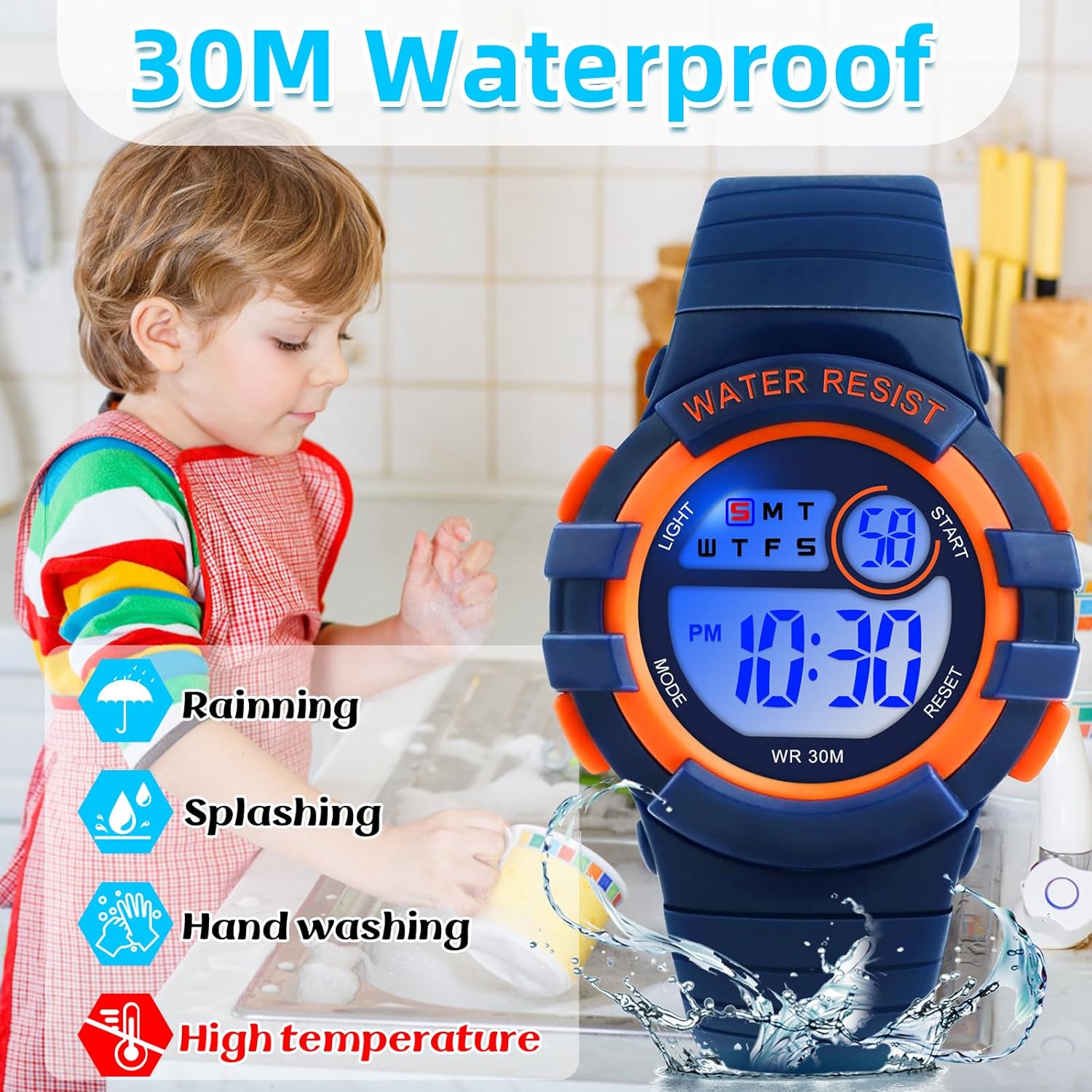DTKID Digital Kids Watch 30 M Waterproof, 7 Color Lights Time Teaching Watch Easy to Read for Girls Boys 5-16 - Image 3