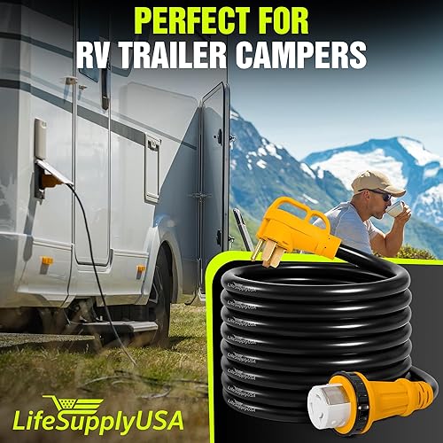 Miniatura 46 de Cable de extensión RV de 50 pies de 50 amperios (14-50P/SS2-50R) con 4 clavijas macho y mango de agarre, hembra con conector de bloqueo giratorio