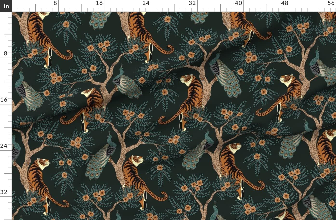 Spoonflower Fabric - Tiger Chinoiserie Bengal Peacock Asian Inspired Dark Teal Orange Printed on Denim Fabric by The Yard - Bottomweight Apparel Home Decor Upholstery