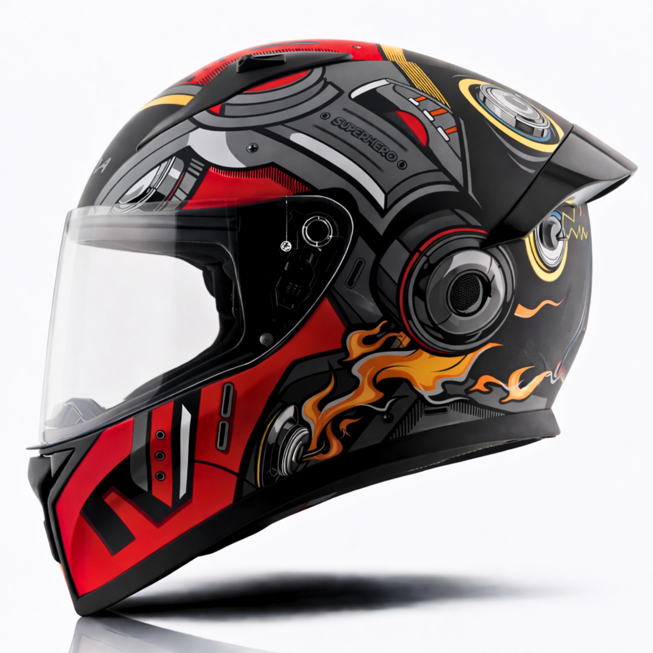 Vega Bolt Superhero ISI and DOT Certified Glossy Finish Full Face Helmet for Men with Clear Visor- Black Red, Size: L(59-60 cm)-picture-8