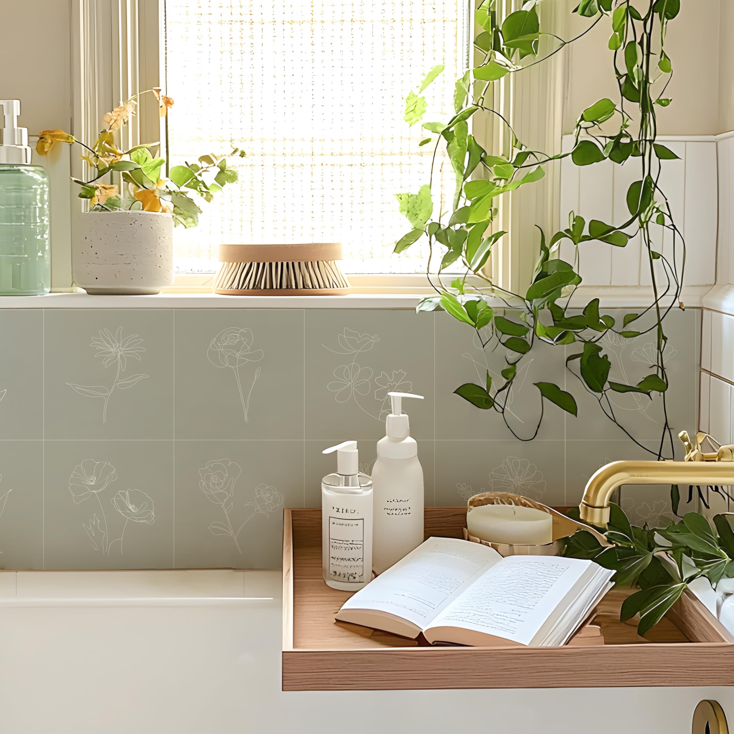 Self-Adhesive Vinyl Wall Tile Stickers, 10Pcs 20cm/8inch Peel and Stick on Tiles Transfer Vinyl Flooring Waterproof Splashback for Kitchen Bathroom, Sage Green