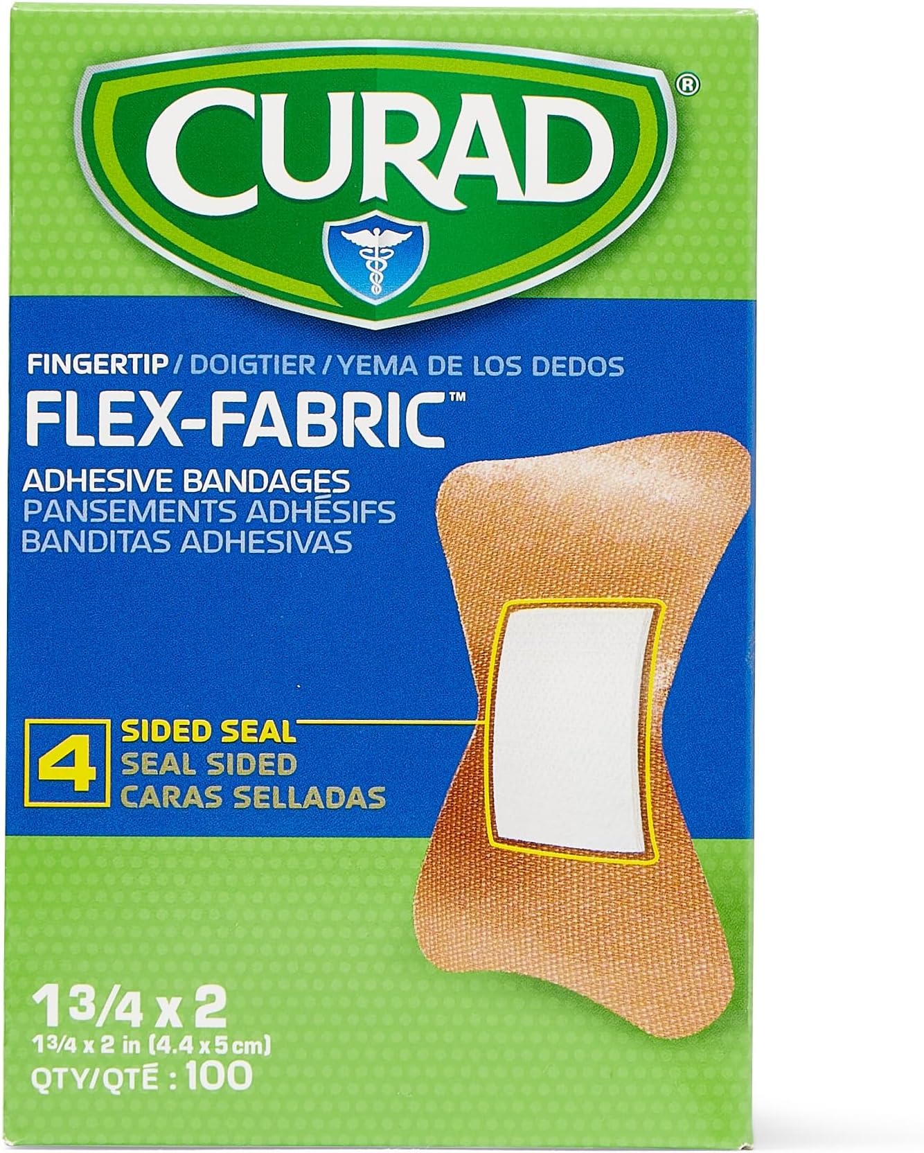 Medline CURAD Flex-Fabric Adhesive Fingertip Bandages, Skin-Friendly Adhesive, 2 x 1.75 Inches, Breathable Fabric, 100 Bandages Per Box