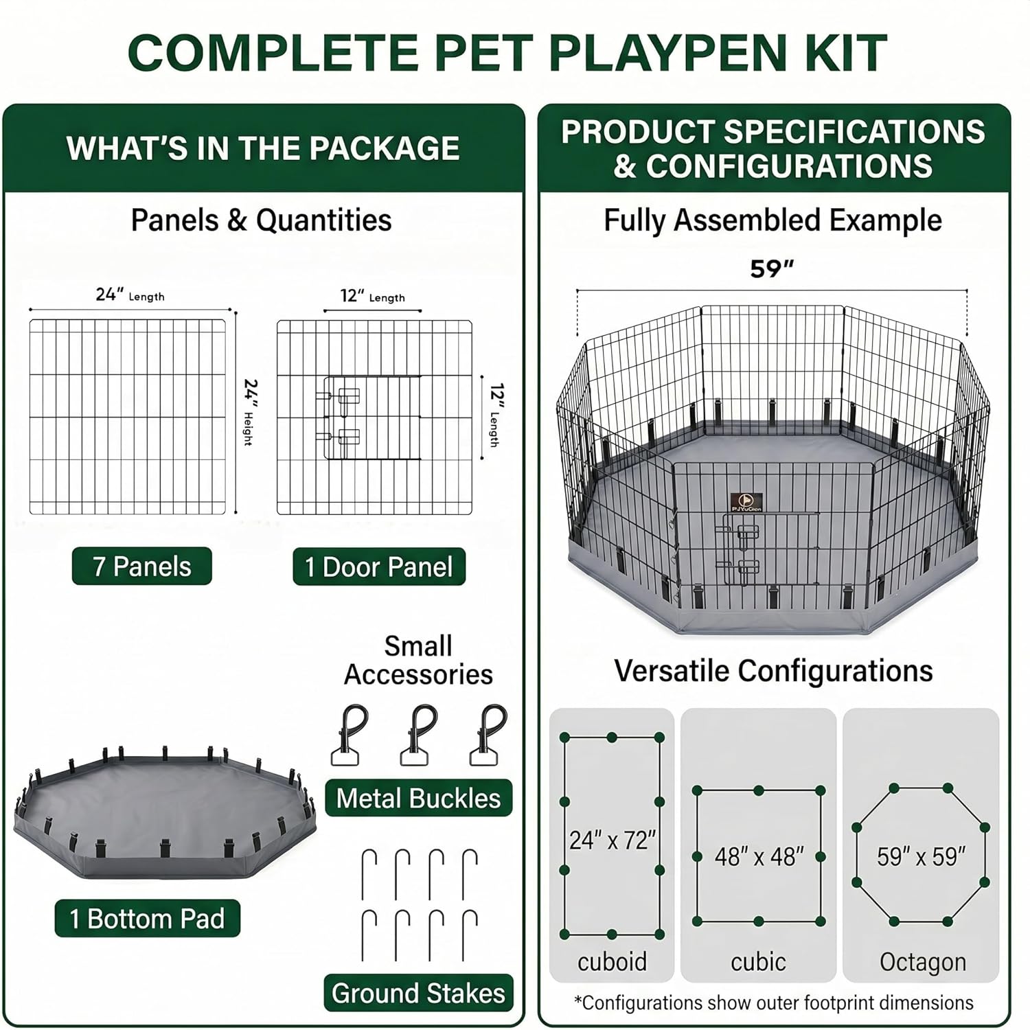 PJYuCien Dog Playpen with Bottom Pad - Metal Foldable Exercise Pen, 8 Panels 24" H x 24" W Indoor Outdoor Pet Fence Puppy Crate Kennel, Gray