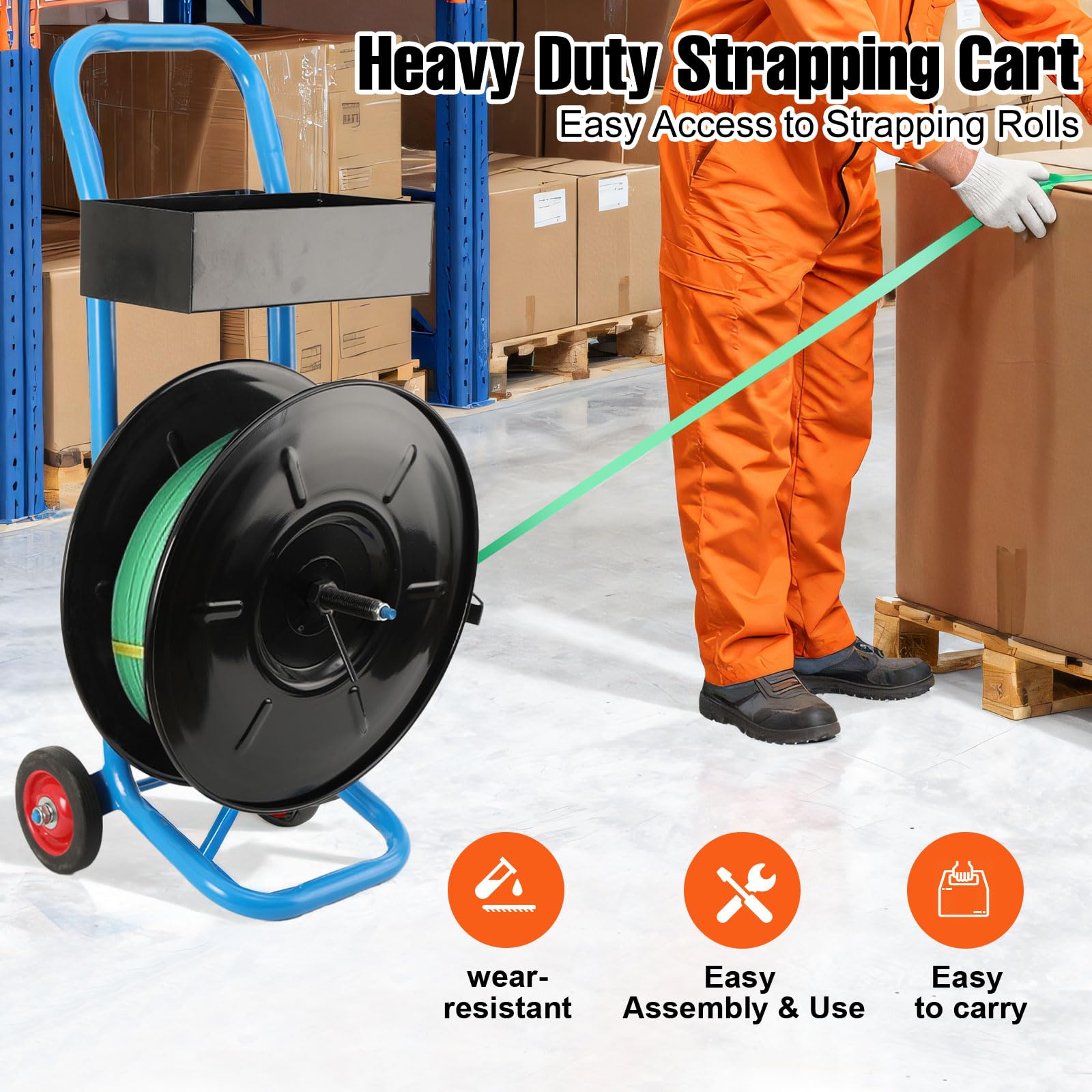 Carrello per Reggiatura, Carrello per Fascette da Imballaggio Professionale con Ruote per Reggia PP/PET/Fibra da 203 mm Fino a 70 kg, Magazzino e Uso Esterno